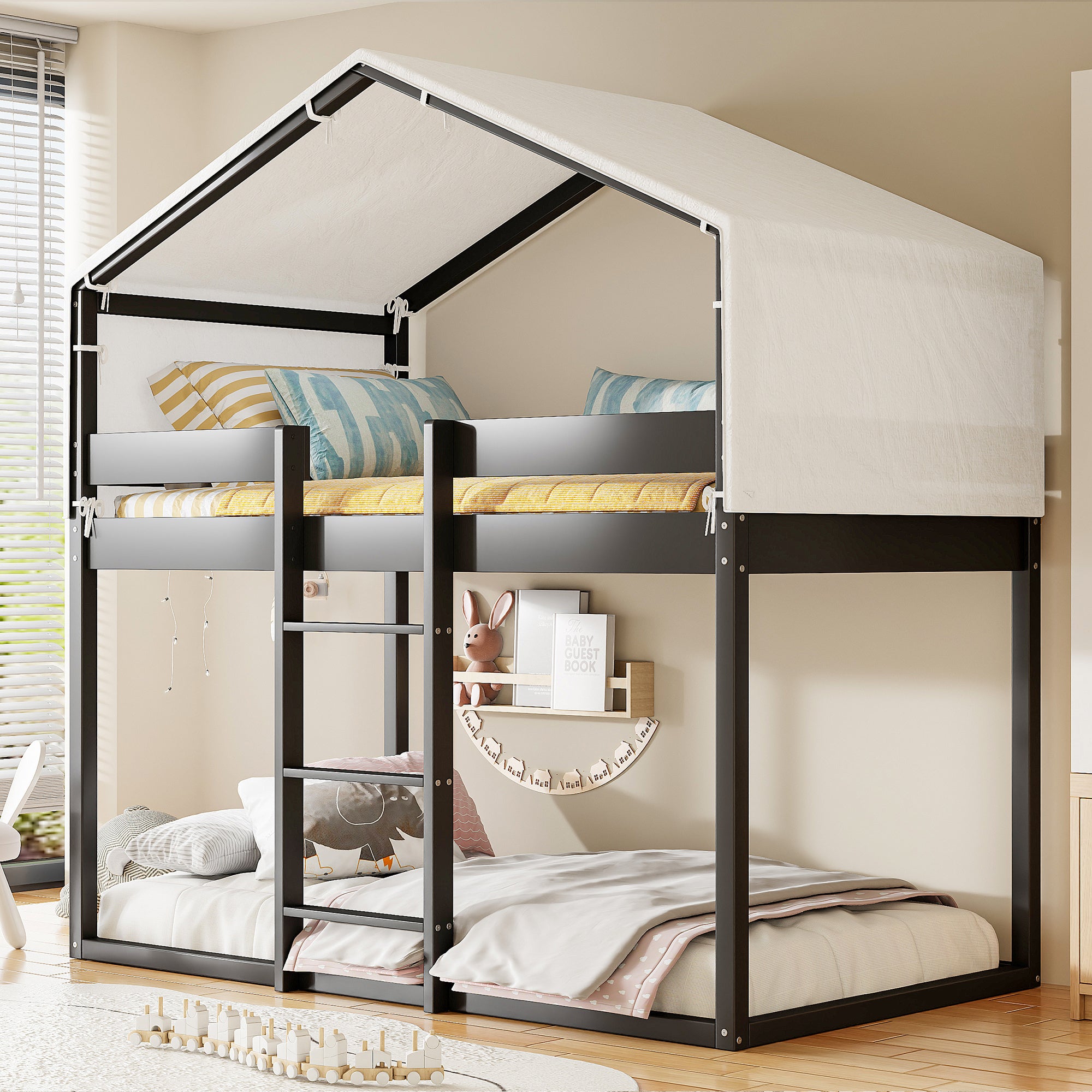 Twin Over Twin Wood Bunk Bed with Tent, Espresso - Kids Furniture