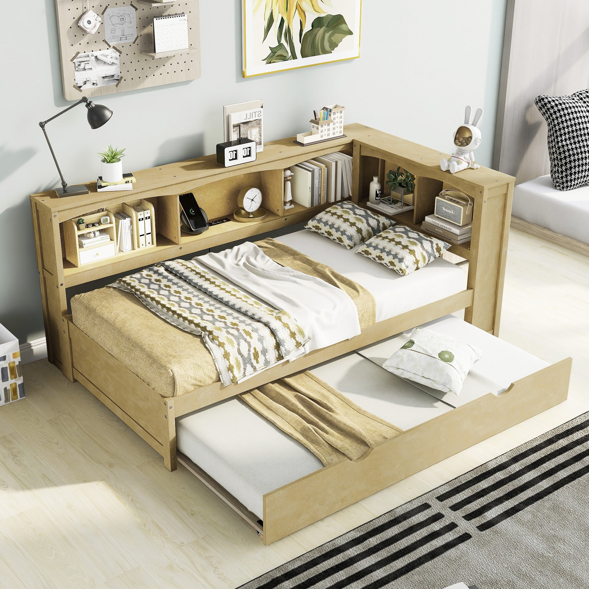 Twin Daybed with Trundle, USB, Storage Cabinets | Wood Finish