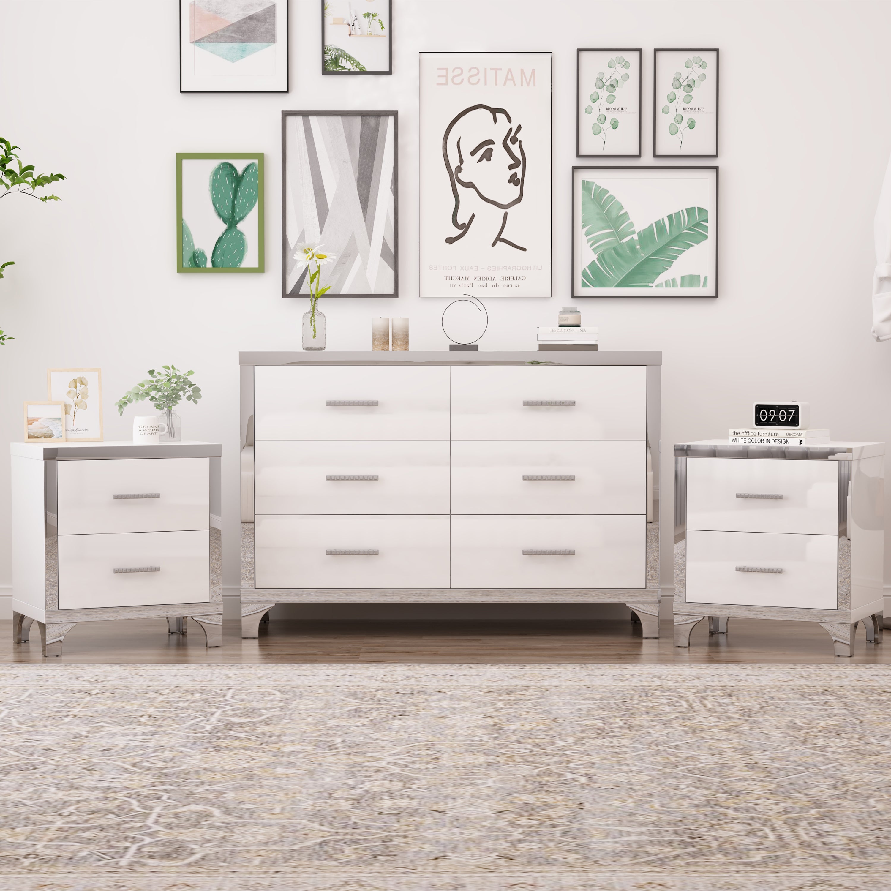 White 3-Piece Dresser & 2 Nightstands Set with Mirror Accents