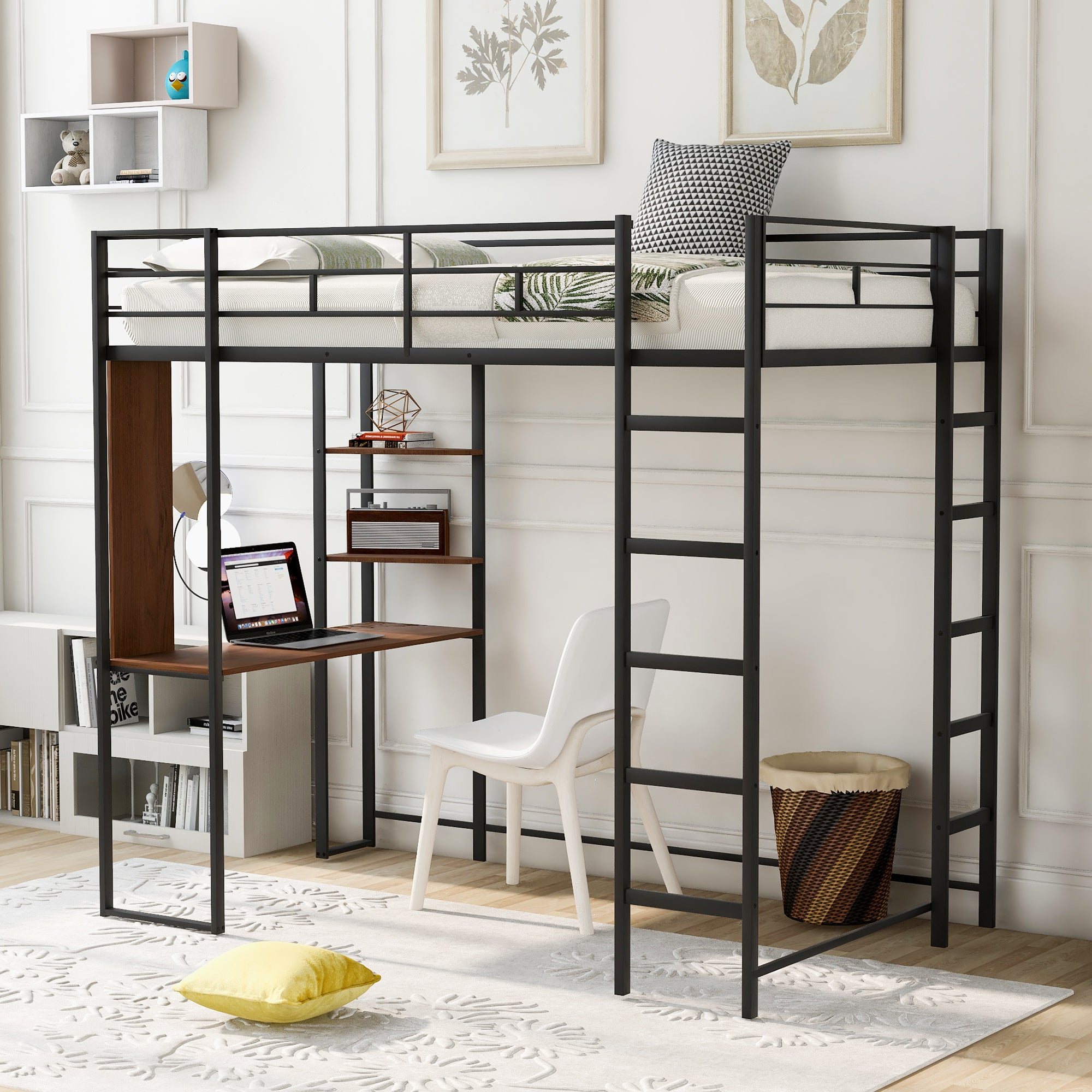 Durable Twin Metal Loft Bed: 2 Shelves, Desk – Space-Saving Black Design