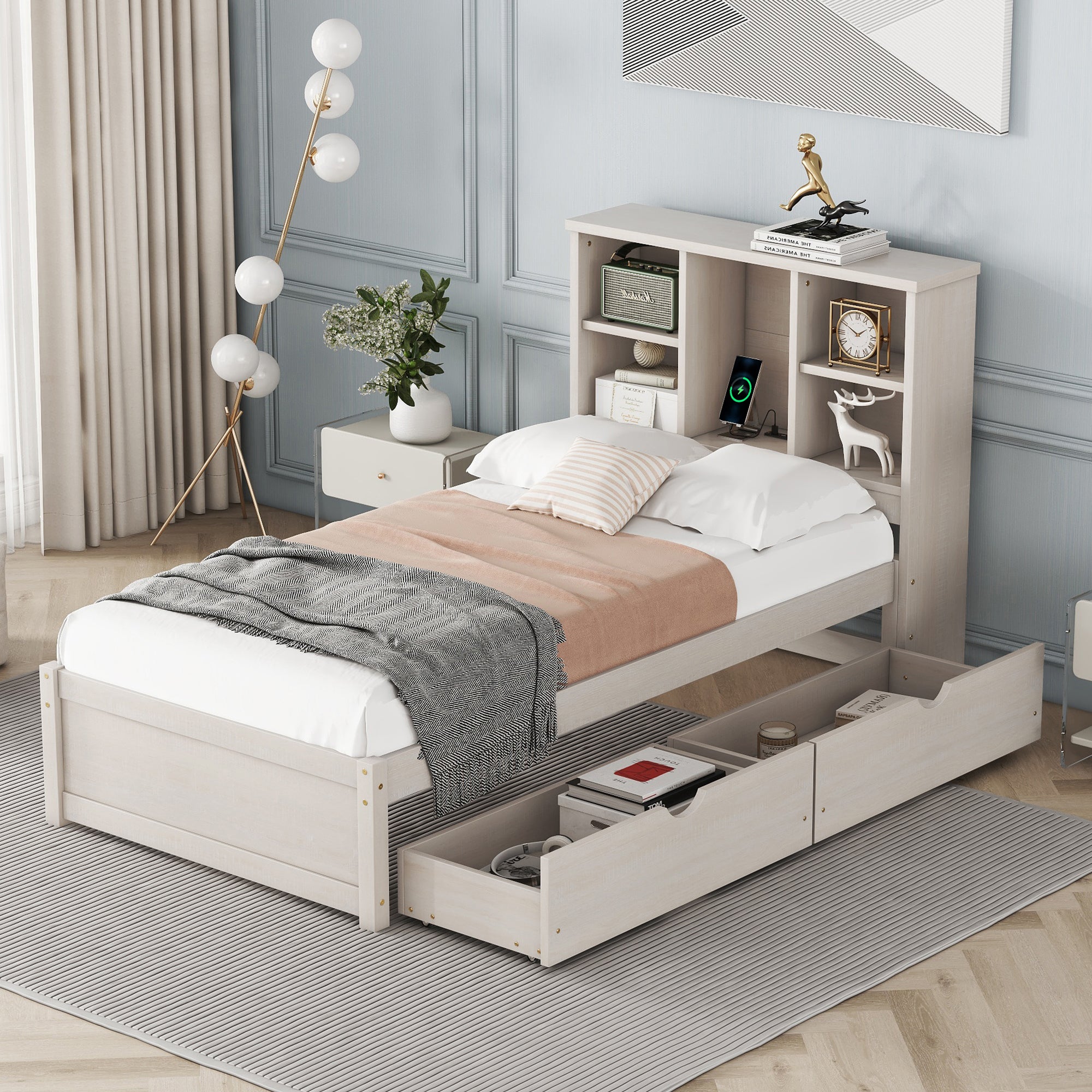 Modern Twin Bed Frame w/ USB & Drawers