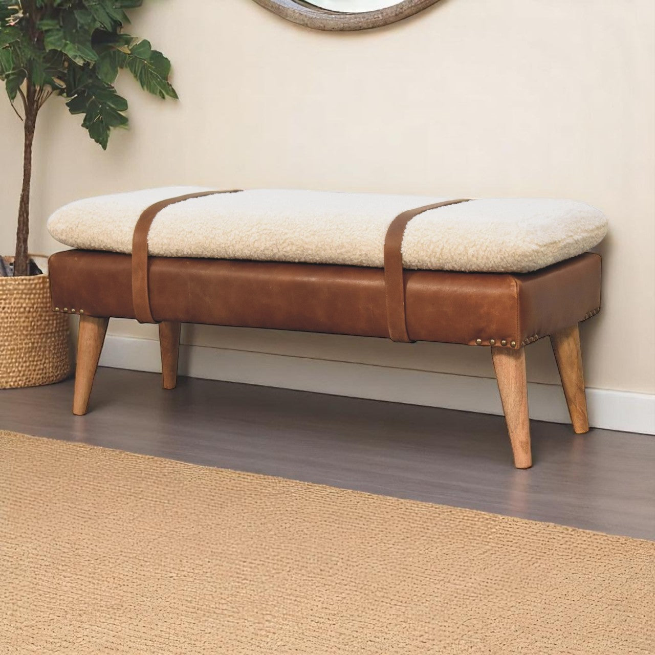 Chestnut Boucle Buffalo Hide Leather Bench - Premium Quality