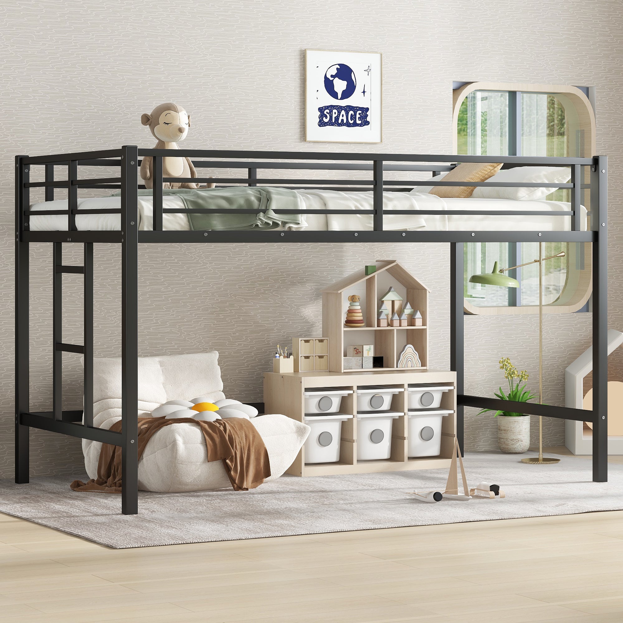 Black Twin Metal Loft Bed for Kids with Ladder & Guardrails