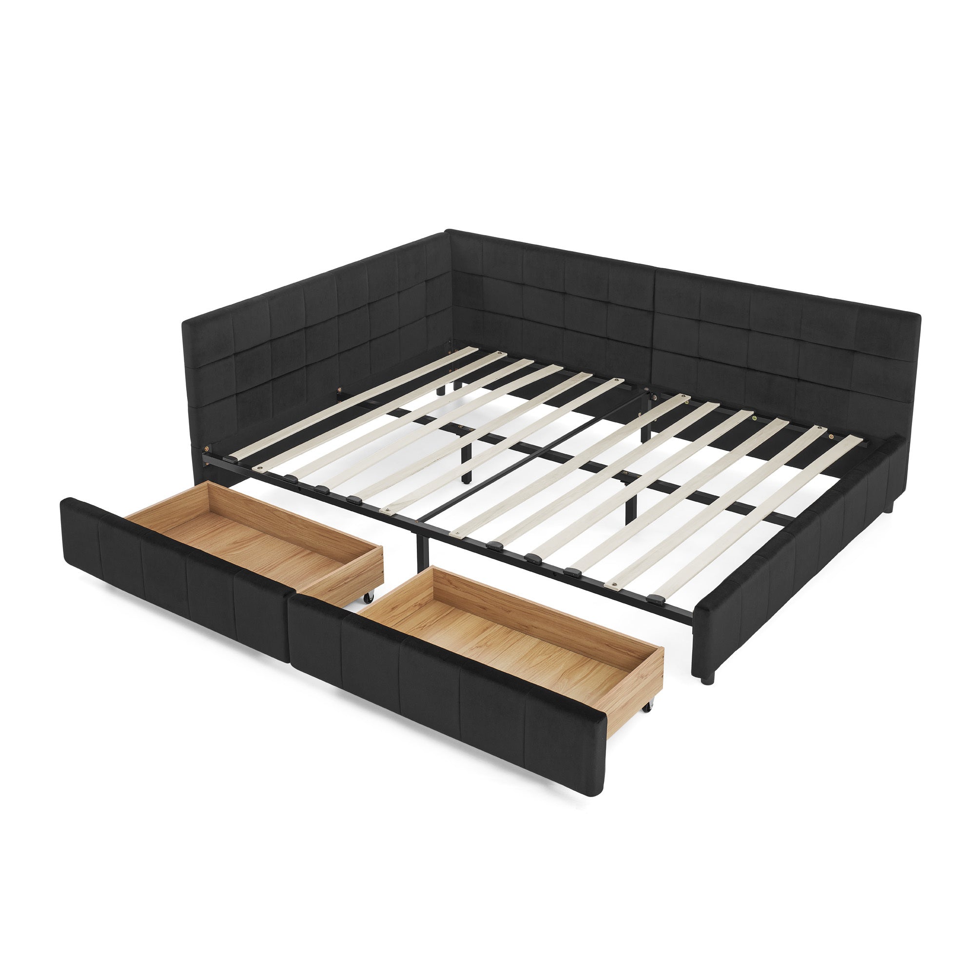 Mid-Century Black Velvet Tufted Full Storage Bed Frame