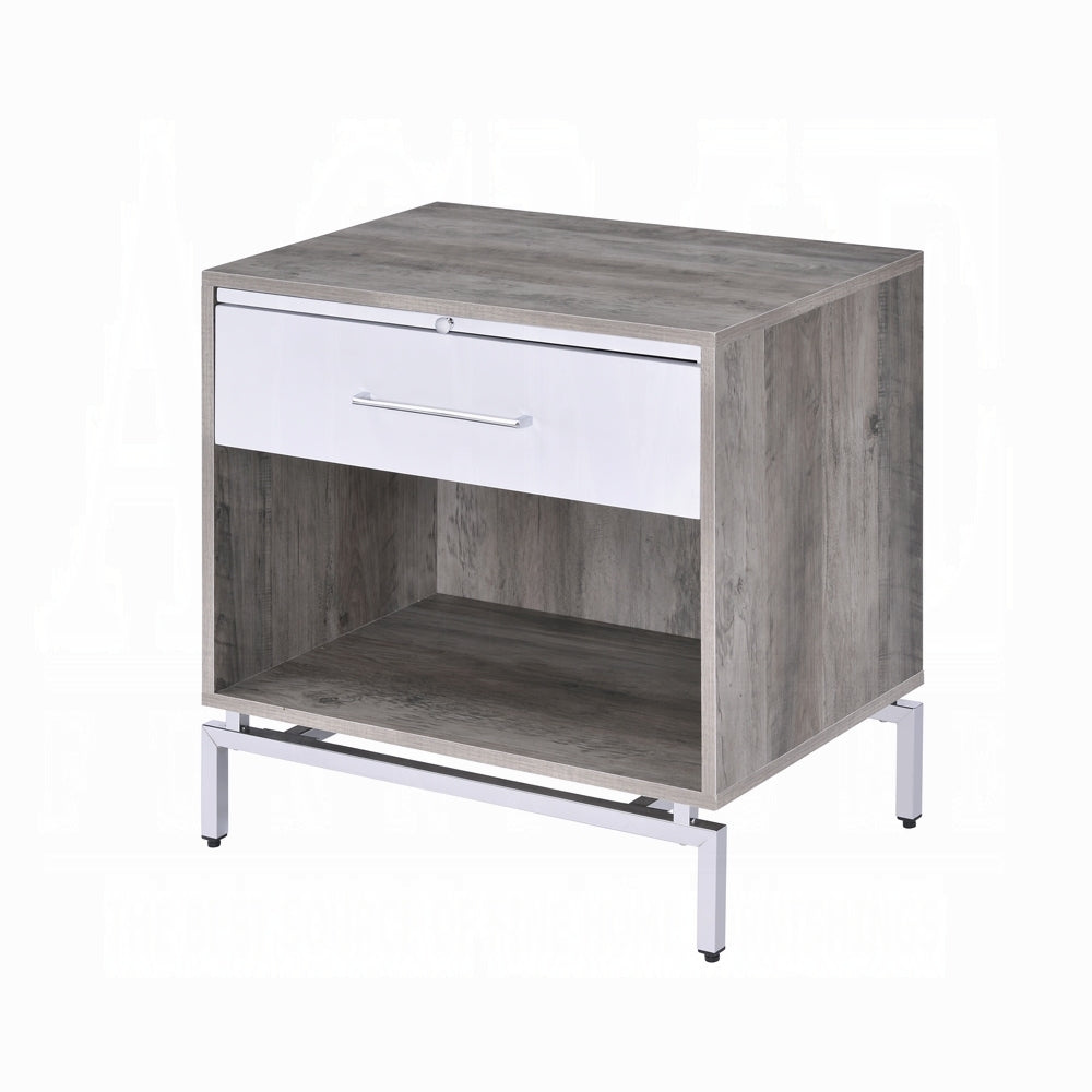 White Gray Oak Nightstand with Drawers & Shelf - Bedside Table