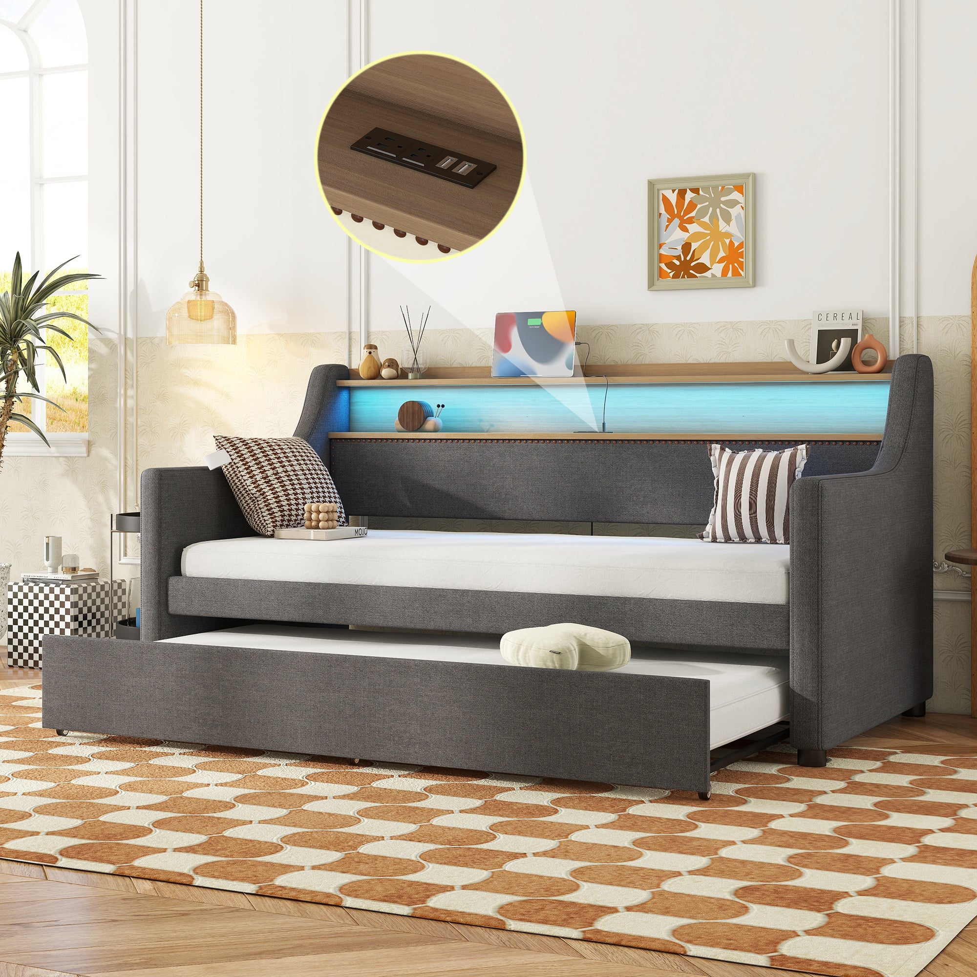 Twin Daybed with Trundle, Upholstered, Charging Station, LED, Gray
