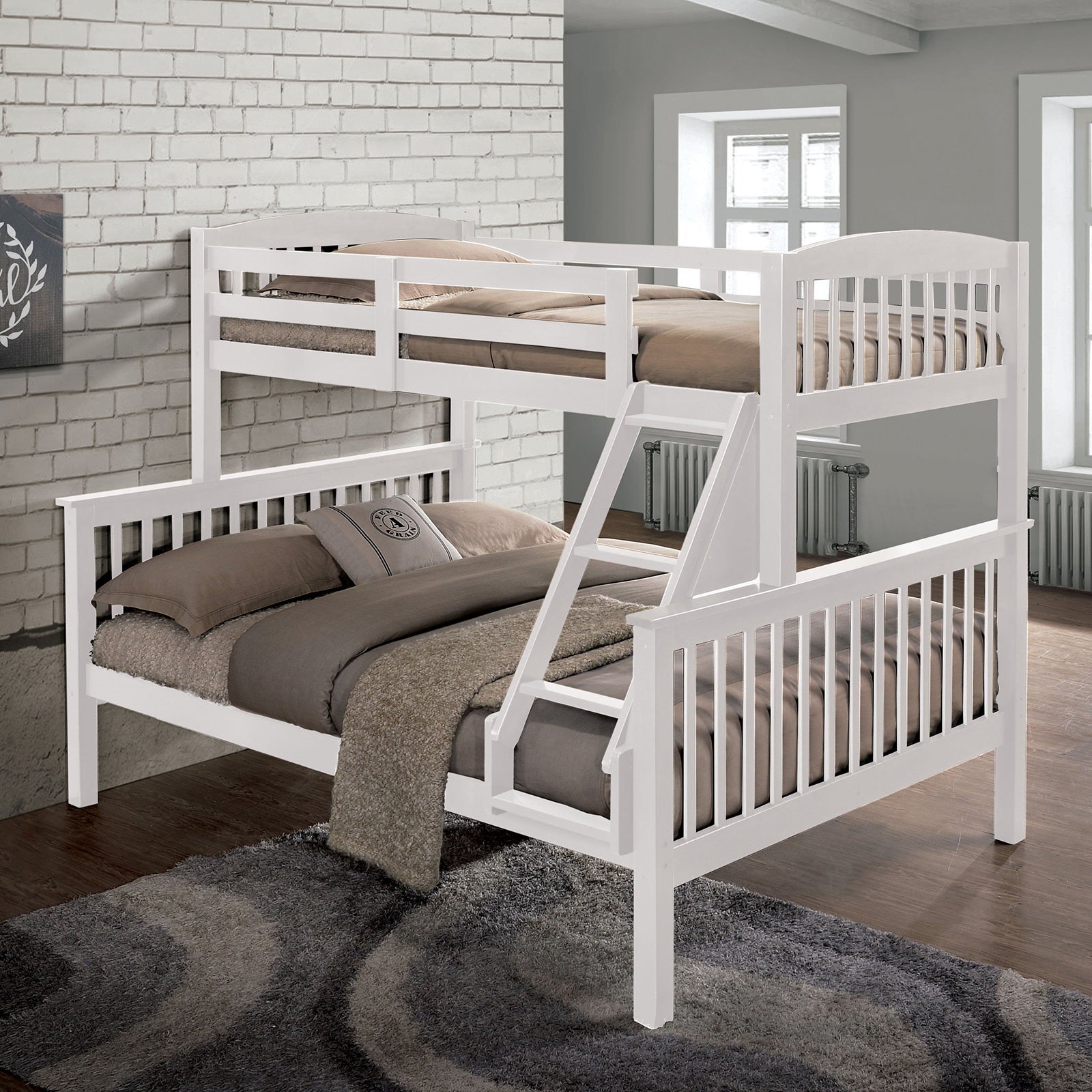Transition Twin Full Bed With Slat Design And Angled Ladder, White