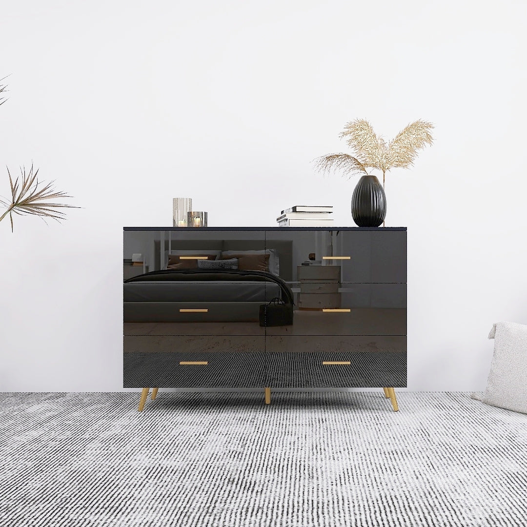 Black High Glossy 6-Drawer Vanity Chest Gold Legs