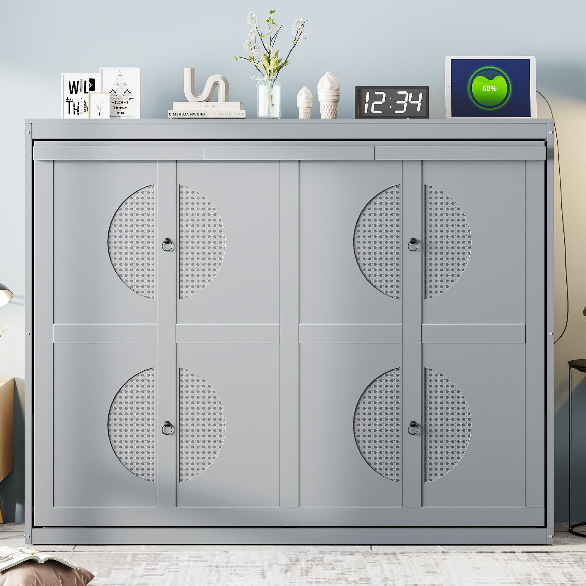 Queen Size Murphy Wall Bed - Space Saving Gray Hidden Bed