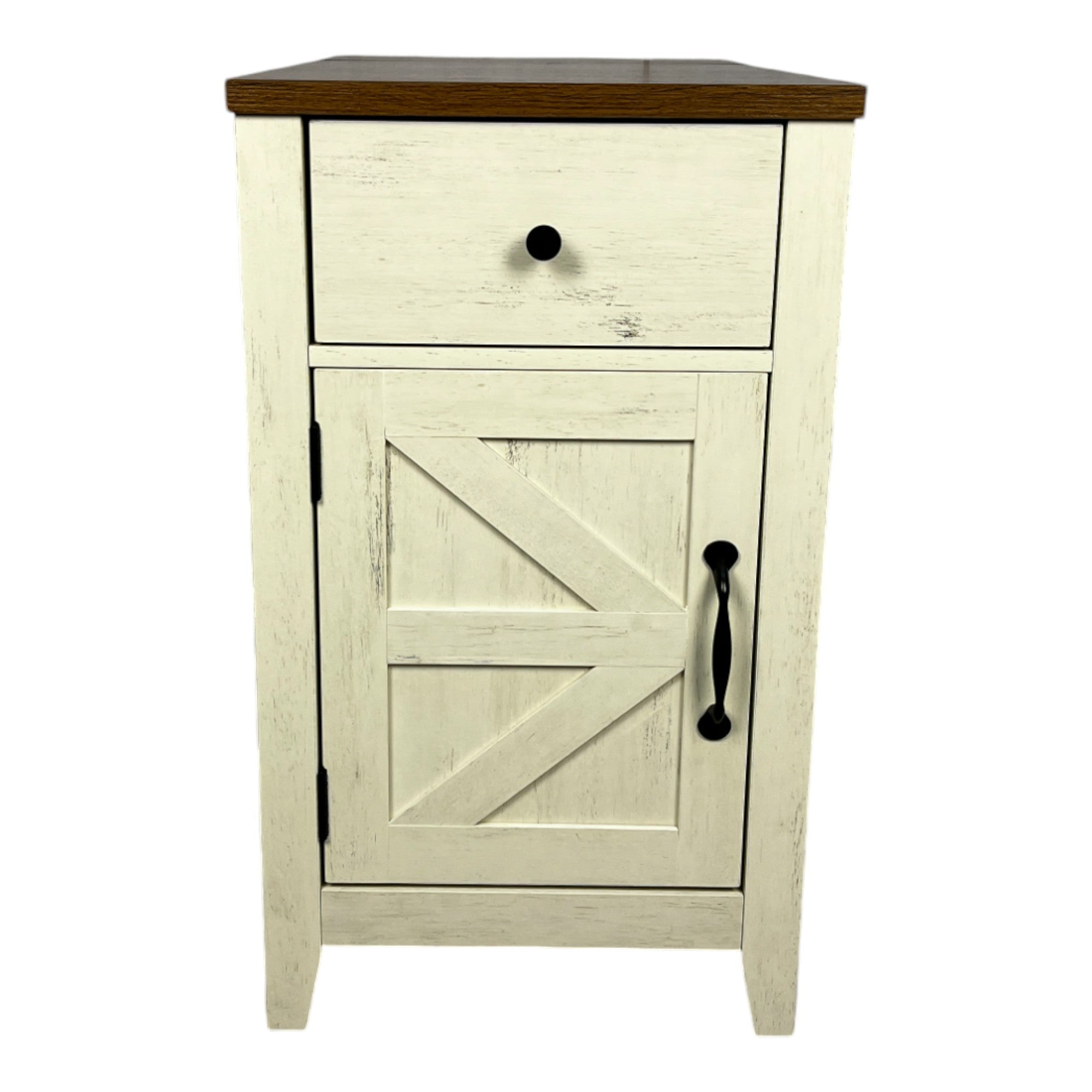 Farmhouse End Table Nightstand with Charging, Barn Door, Drawer