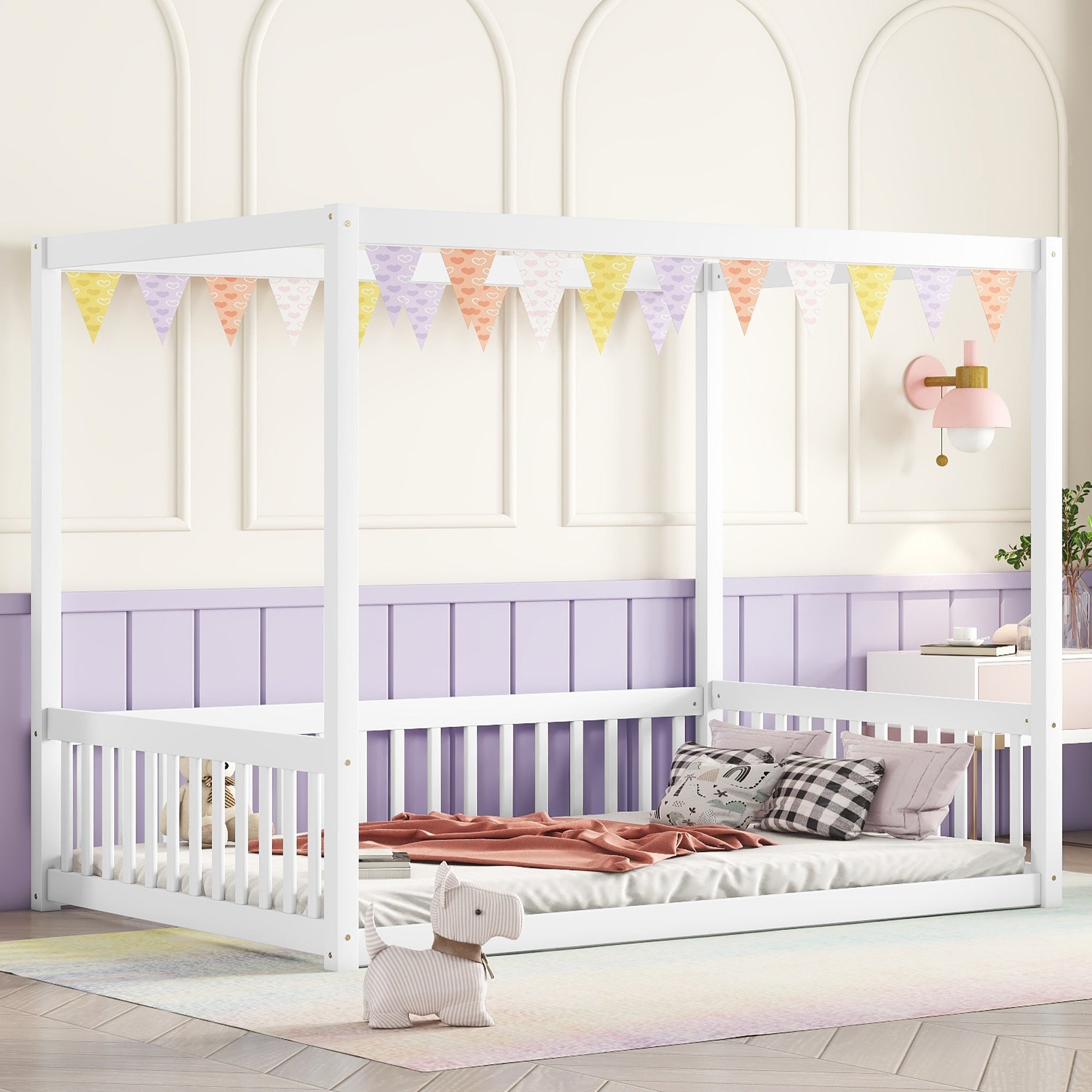 Full-Size Canopy Bed with Guardrails & Fence