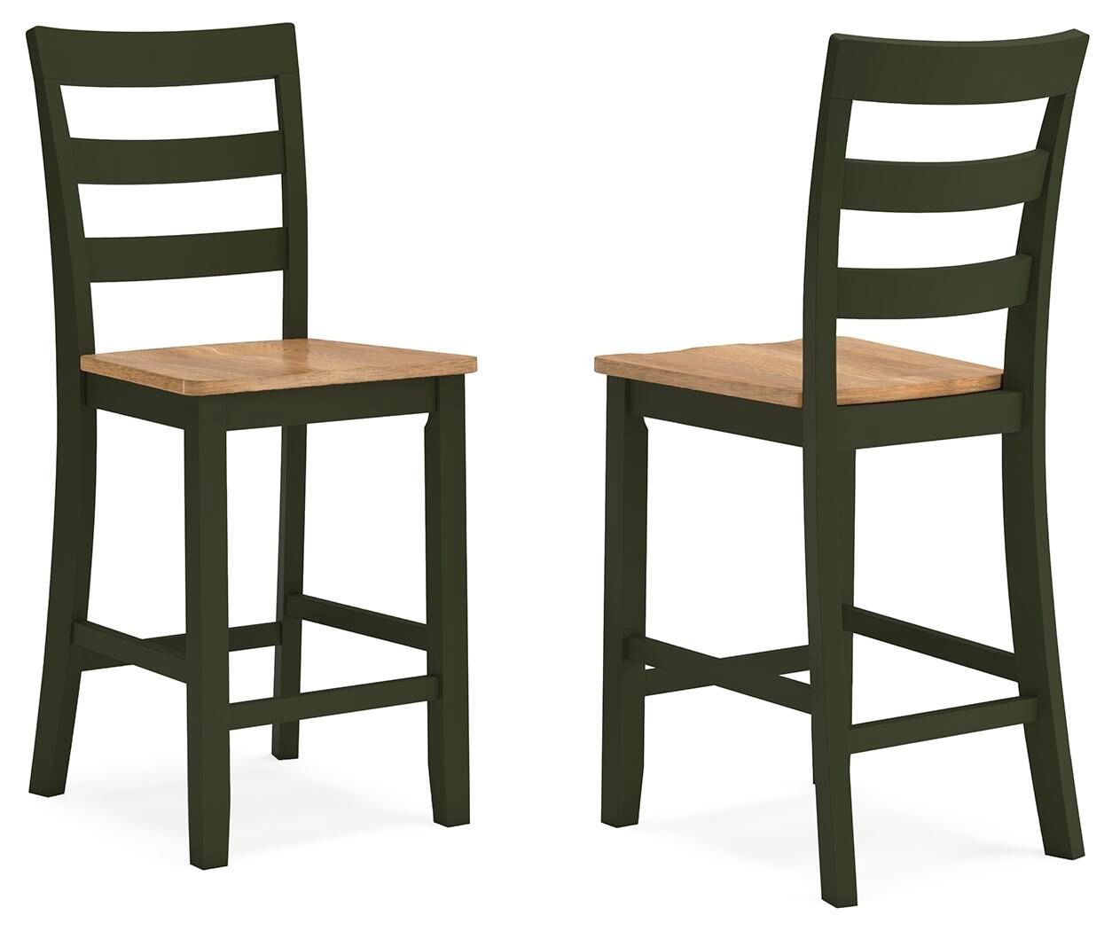 Green barstools set of 2 with horizontal slat backrests and light wood square seats