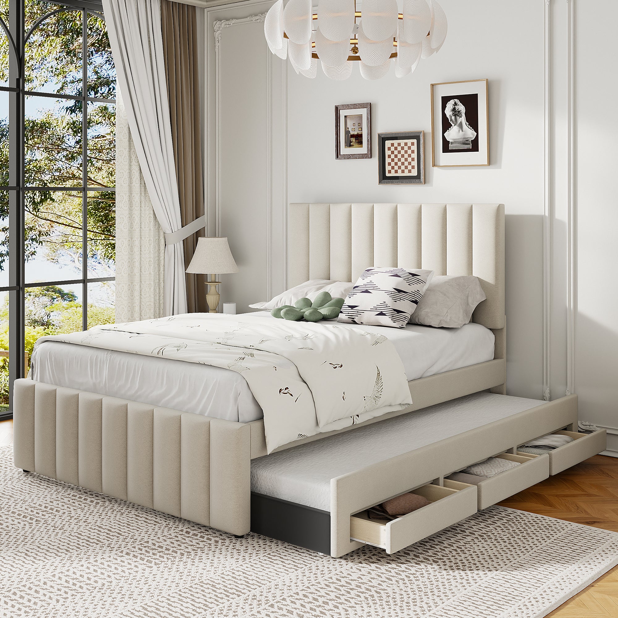 Beige Full Size Upholstered Platform Bed with Twin Trundle & 3 Drawers