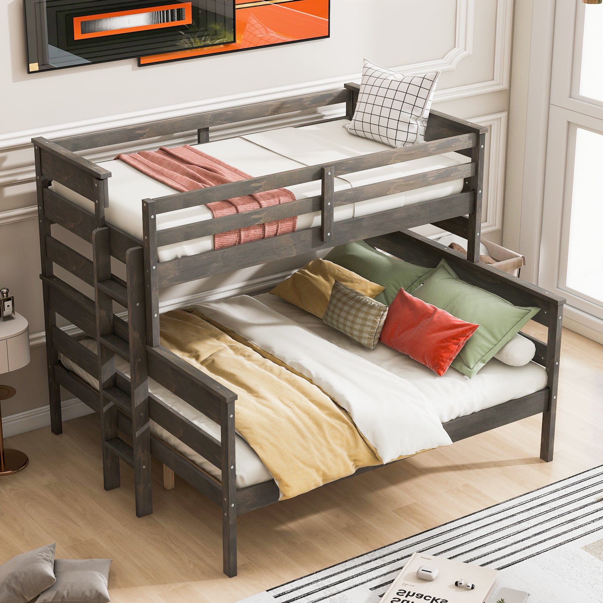 Gray Wood Twin XL over Queen Bunk Bed with Ladder