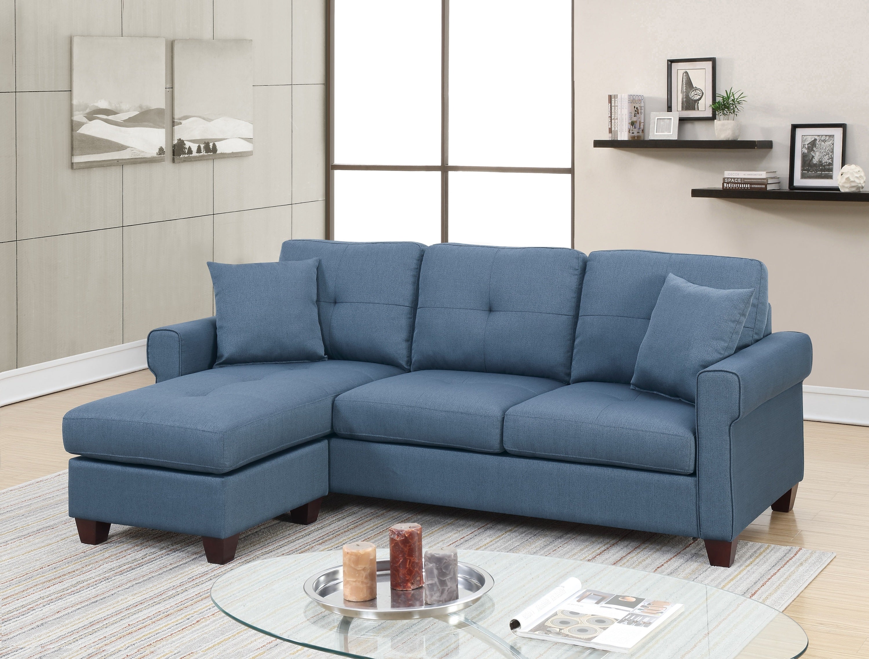 Blue Glossy Tufted Reversible Sectional Sofa Chaise