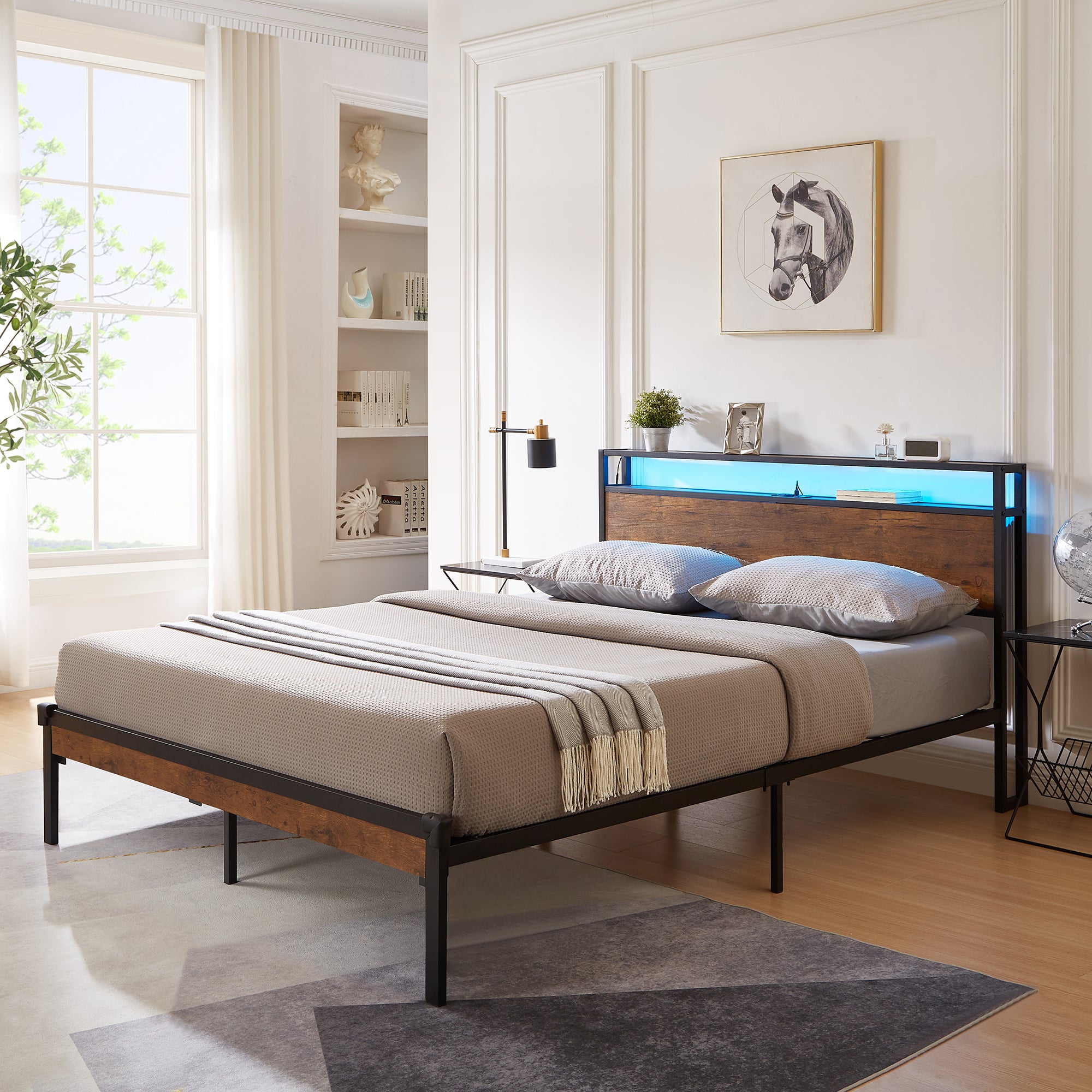 Queen Metal Platform Bed: Wood Headboard, USB, LED, Storage, No Box Spring.