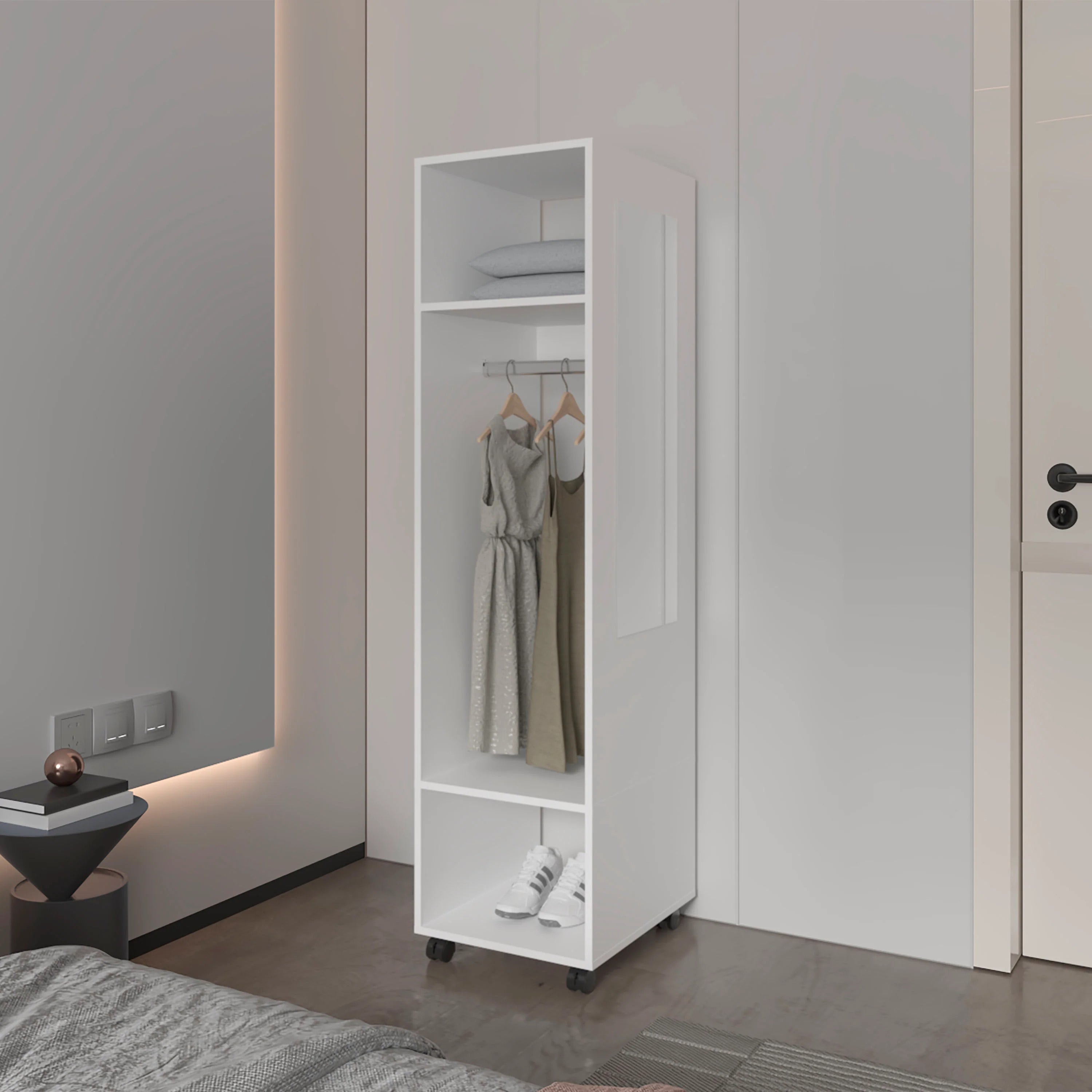 White 3-Shelf Wardrobe | Mirror & Open Storage Closet