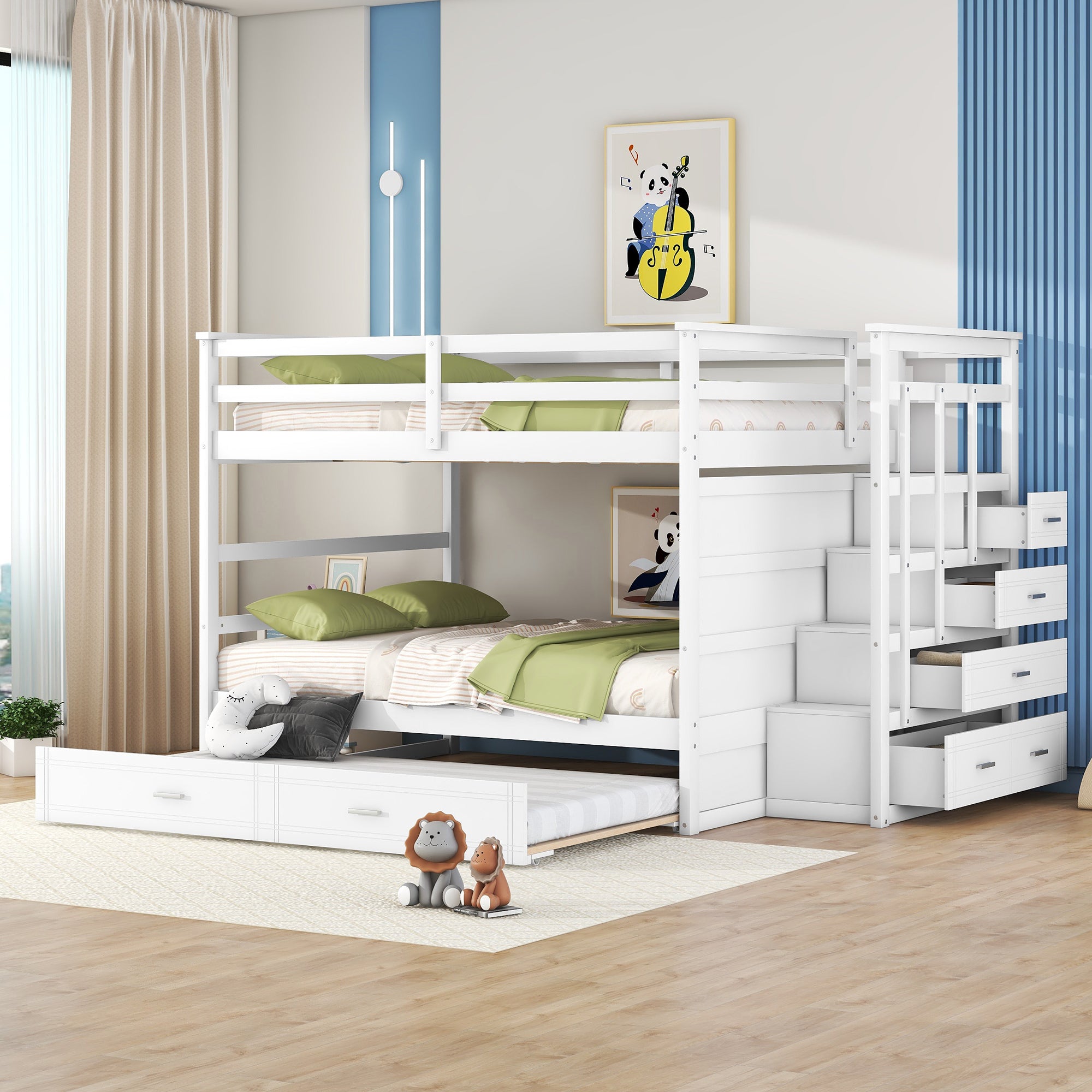 White Full Over Full Bunk Bed with Twin Trundle & Staircase