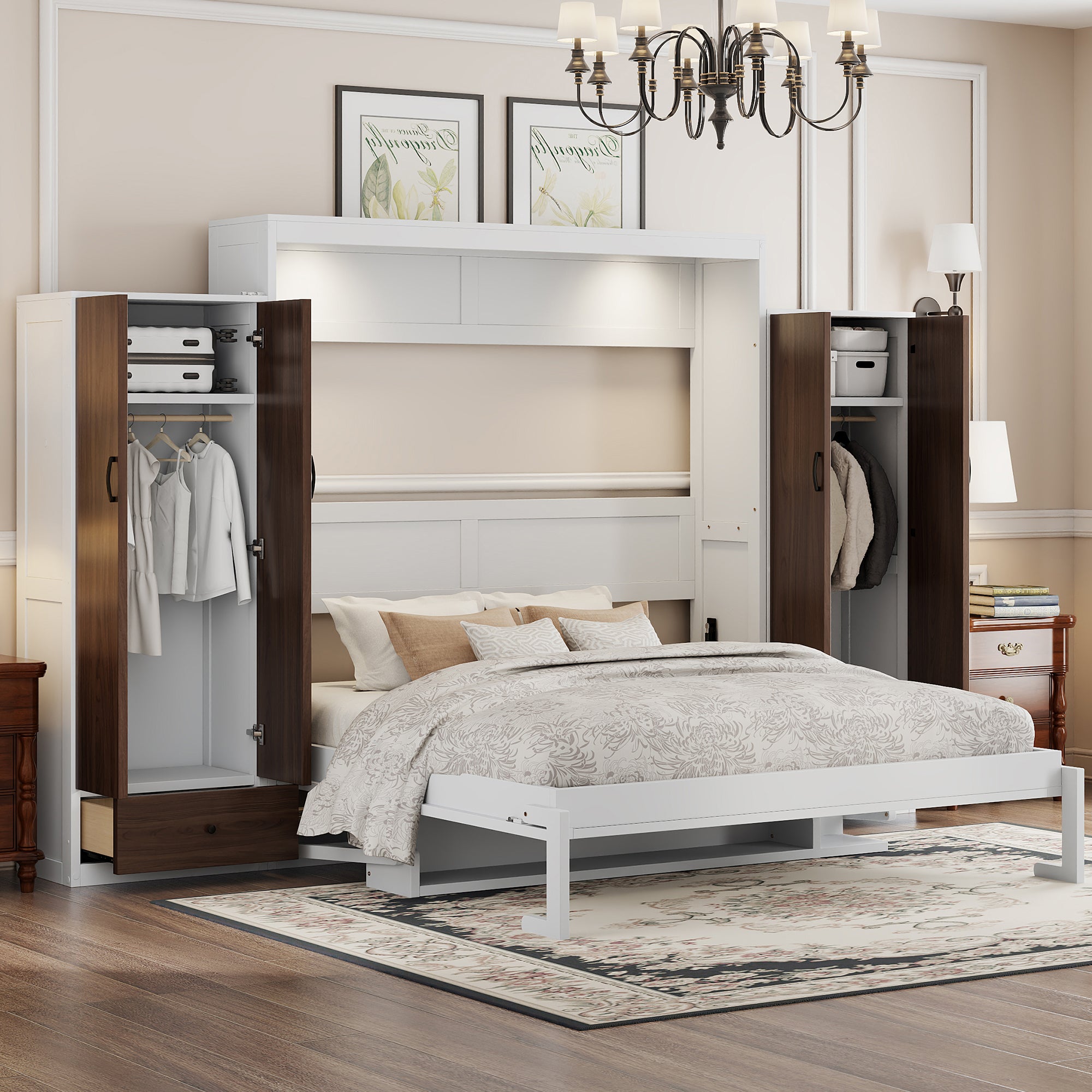 Queen Murphy Wall Bed with Closet, Drawers & Table – White
