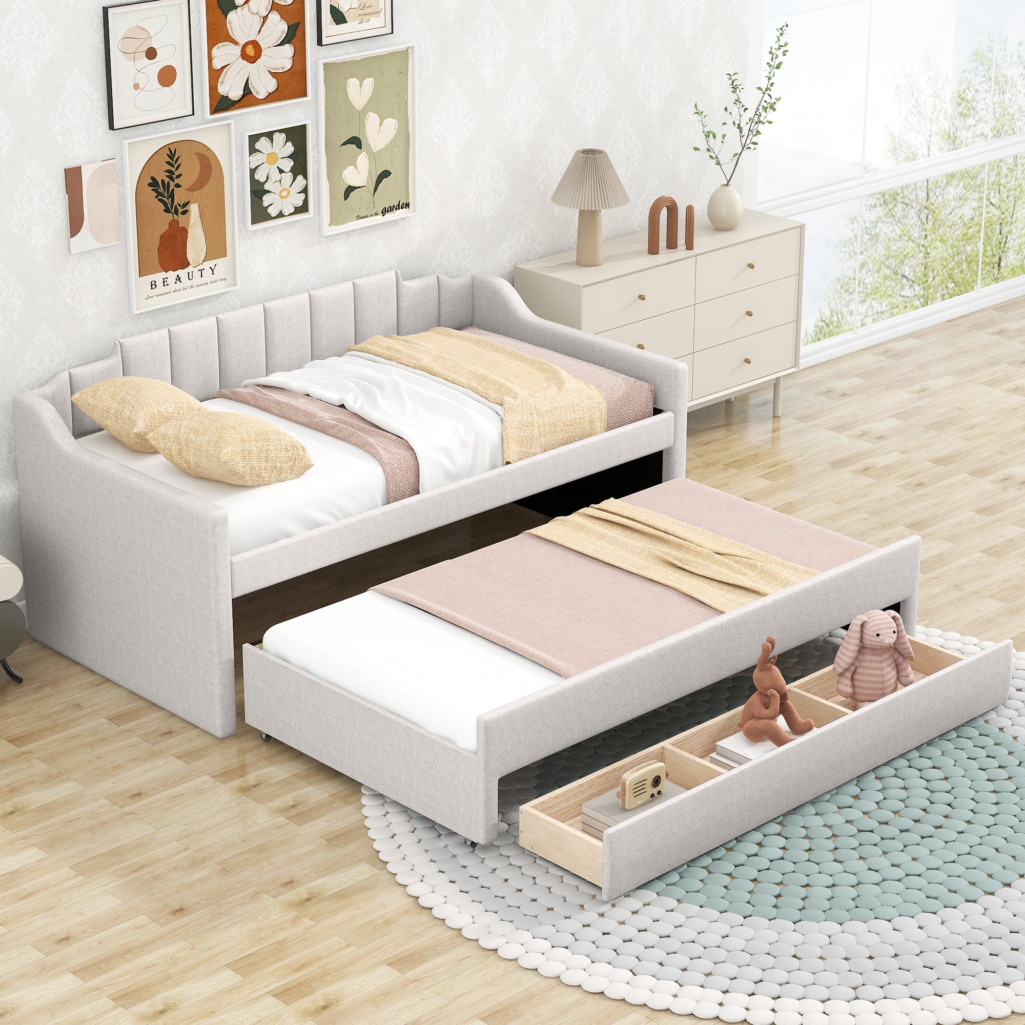 Twin Size Beige Upholstered Daybed with Trundle and 3 Storage Drawers