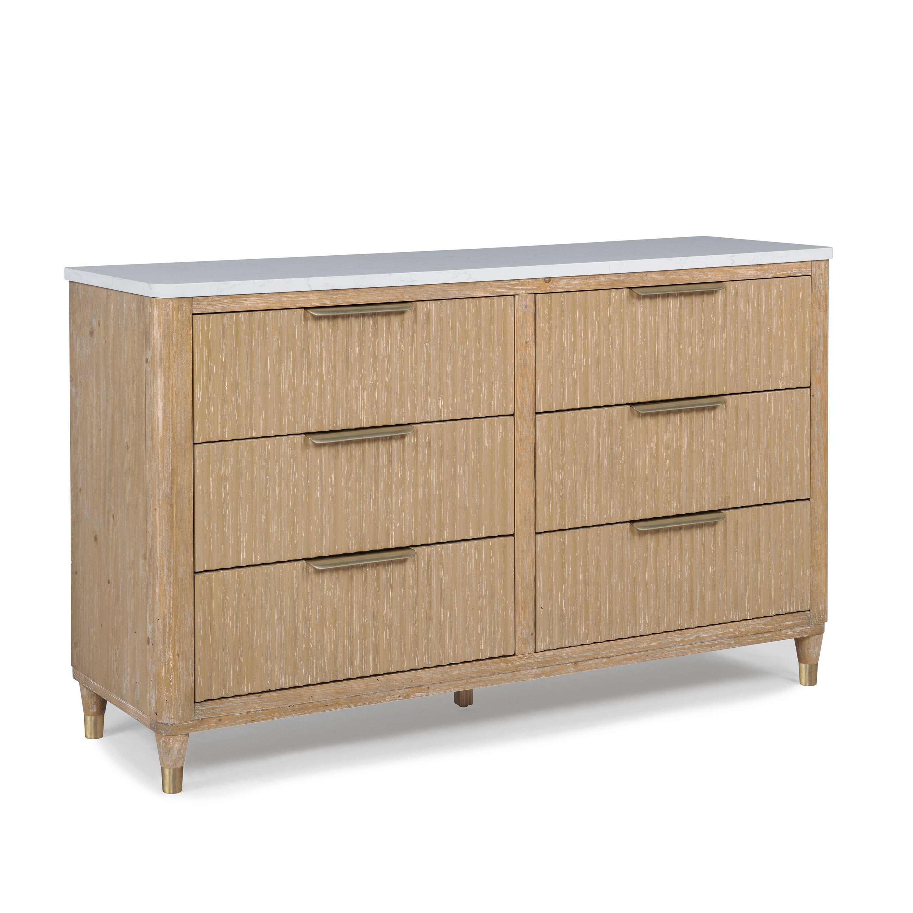 Modern Natural Wood 6-Drawer Dresser w/Stone Top, Brass Accents