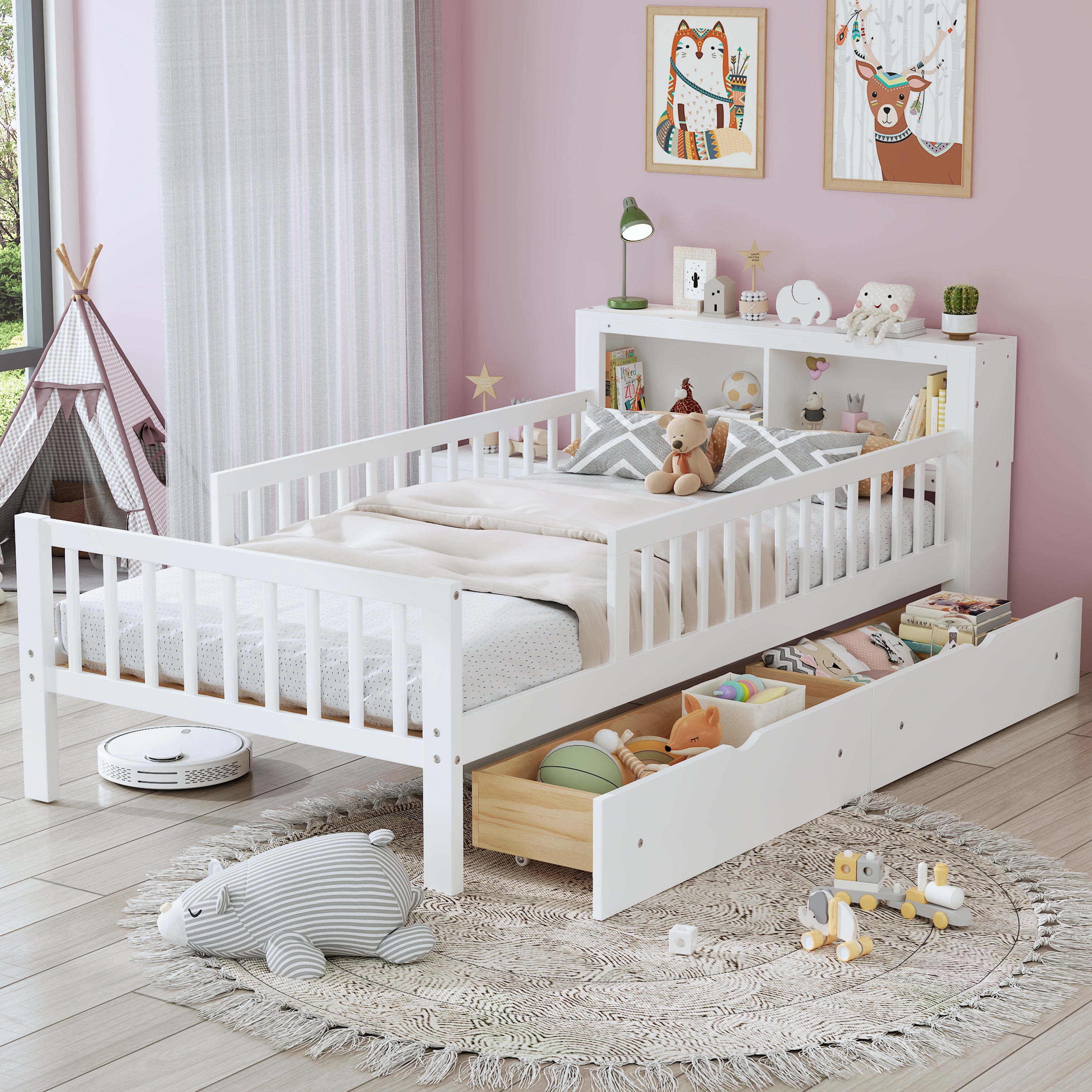 White Twin Bed with Headboard Storage & Drawers, Safety Rails
