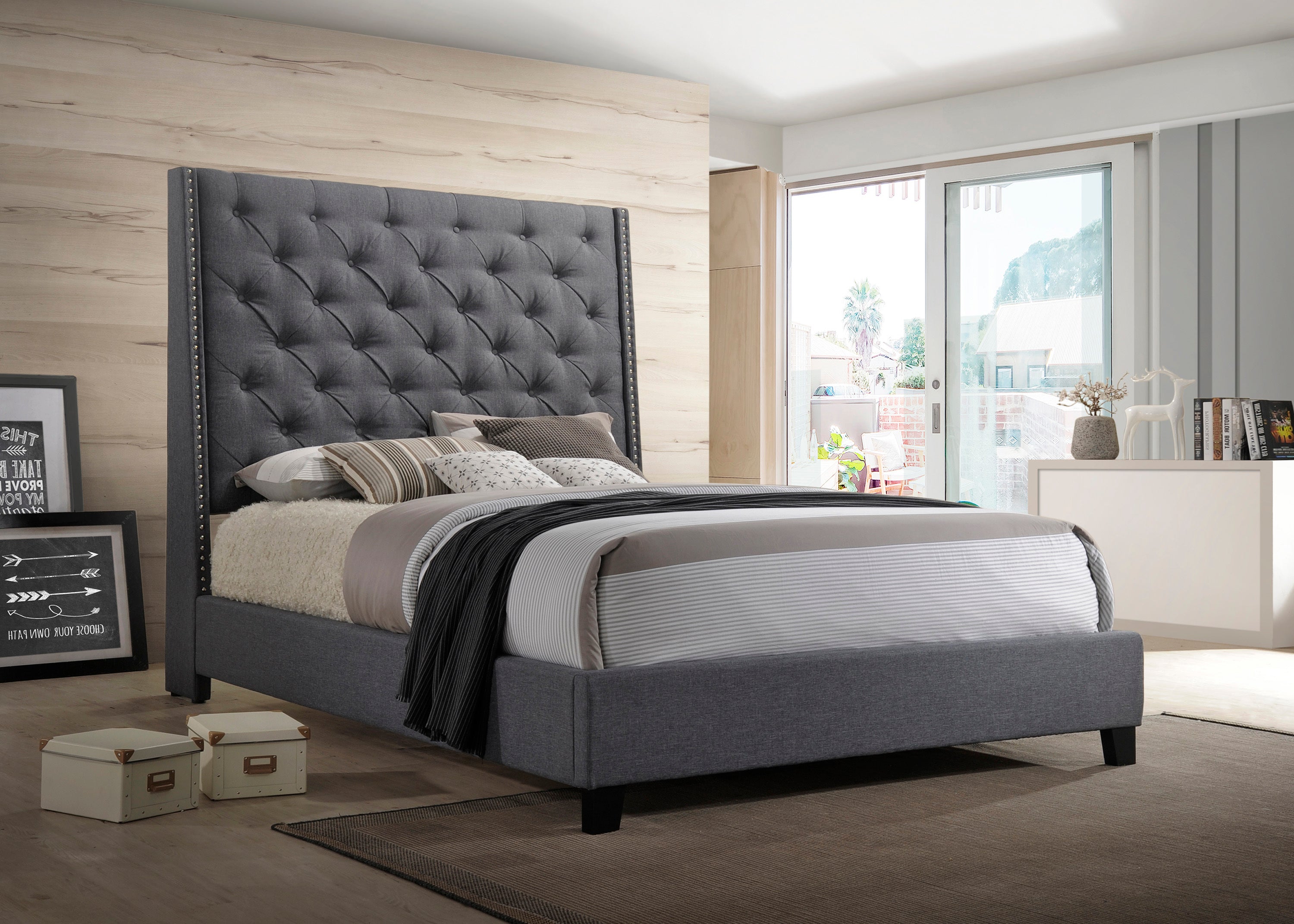 Contemporary Gray Queen Upholstered Panel Bed | Tufted, Nailhead