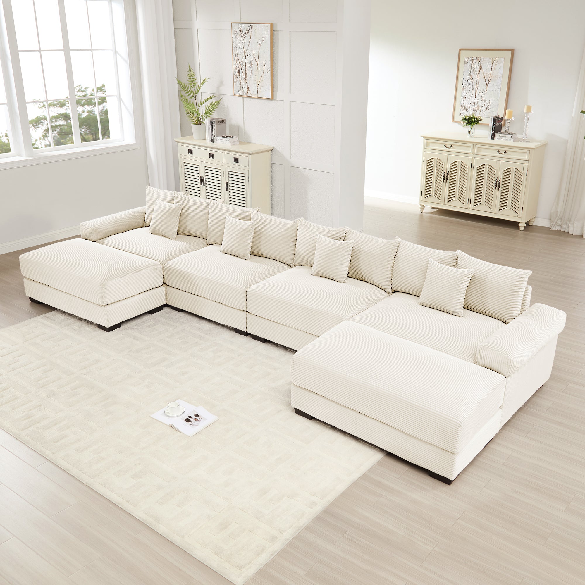 170' Oversized Cloud Modular U-Shape Sectional Couch,Premium Corduroy Fabric With An Ottoman,Deep Seat Wide Armrests,Good Resilience Cushion,Easy Assembly, For Living Rooms Studies,Cream