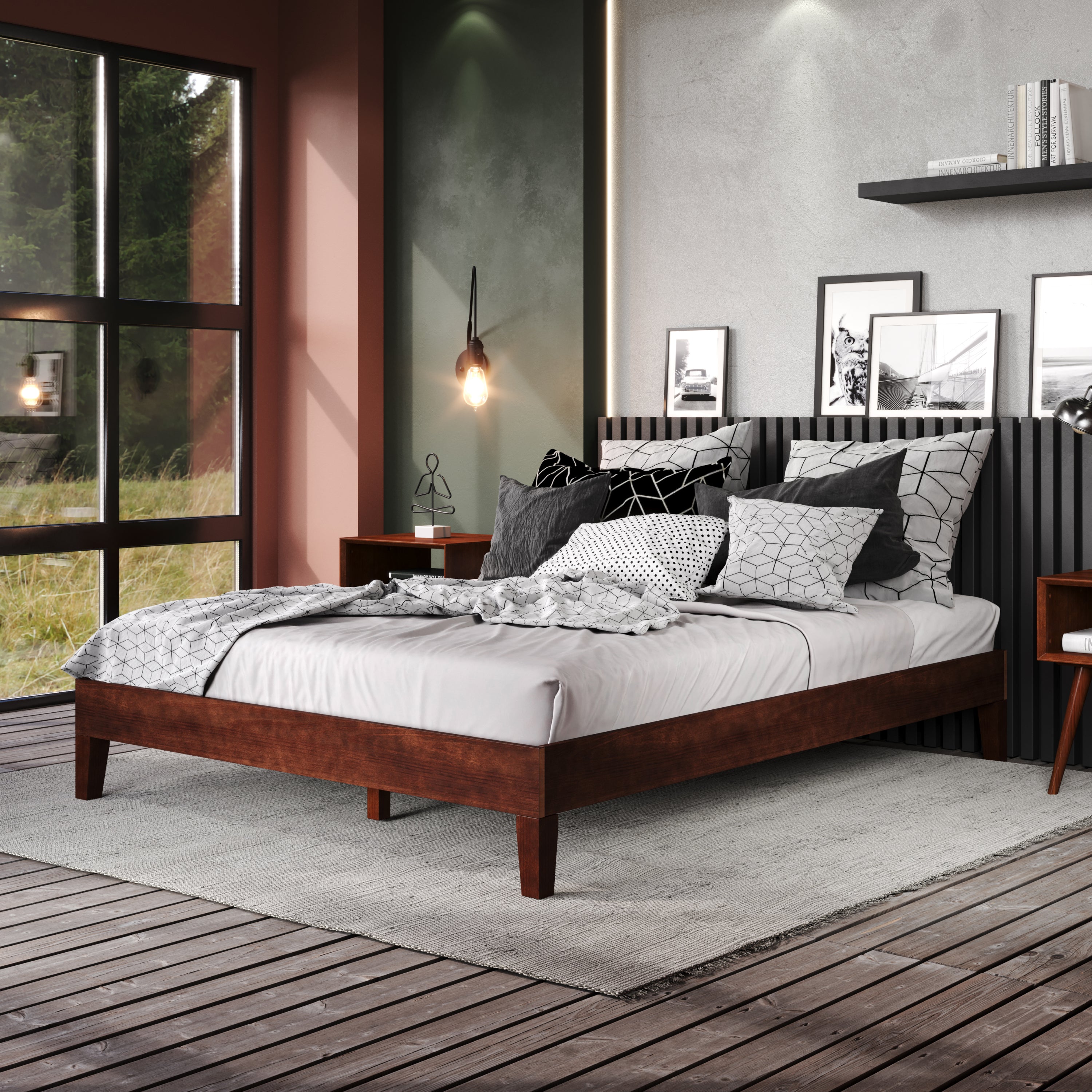 Nix Queen Platform Bed - Natural Wood Finish, Modern Design