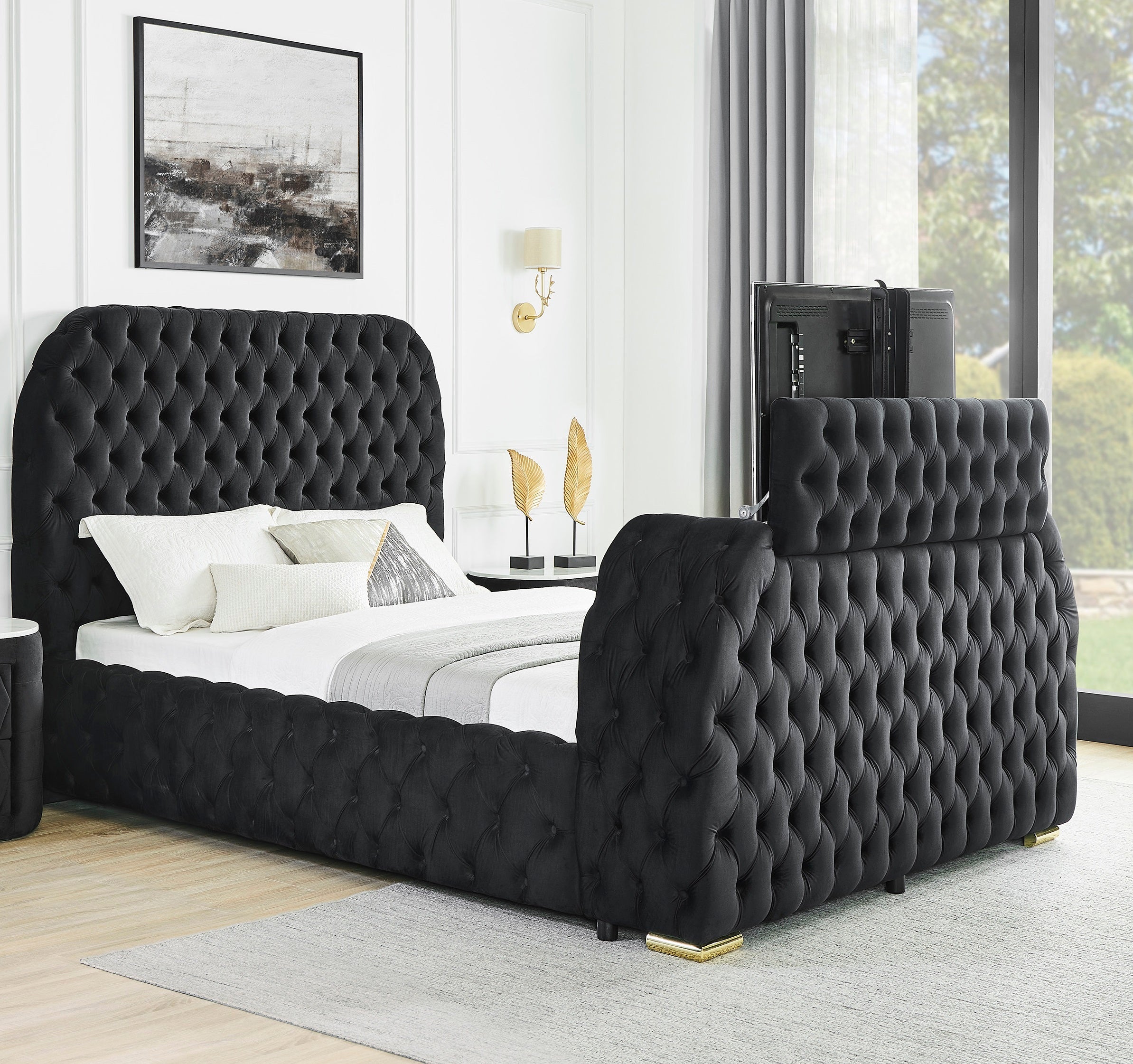 Luxury King Bed | Tufted Black Velvet | TV Lift & Fireplace