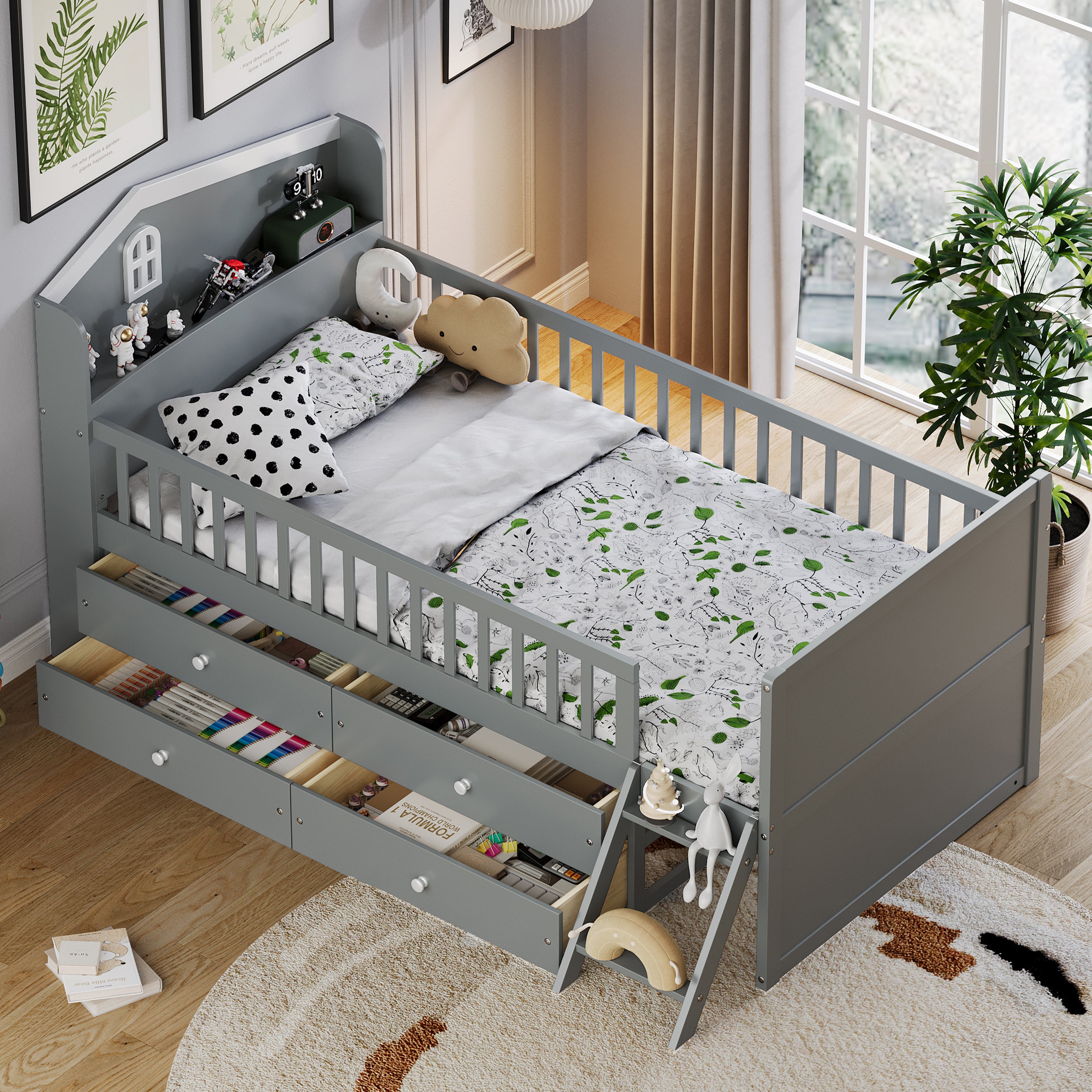 Twin Bed Frame w/ Storage Drawers, Guardrail, Headboard, No Box Spring
