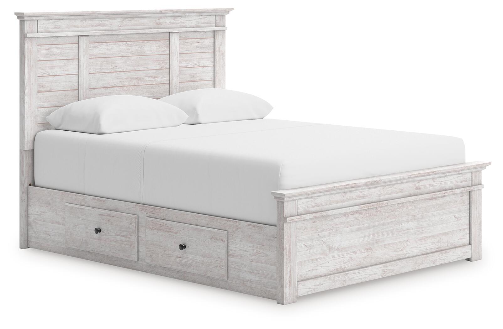 Panel storage bed with white mattress, light gray wood frame, front drawer storage panels
