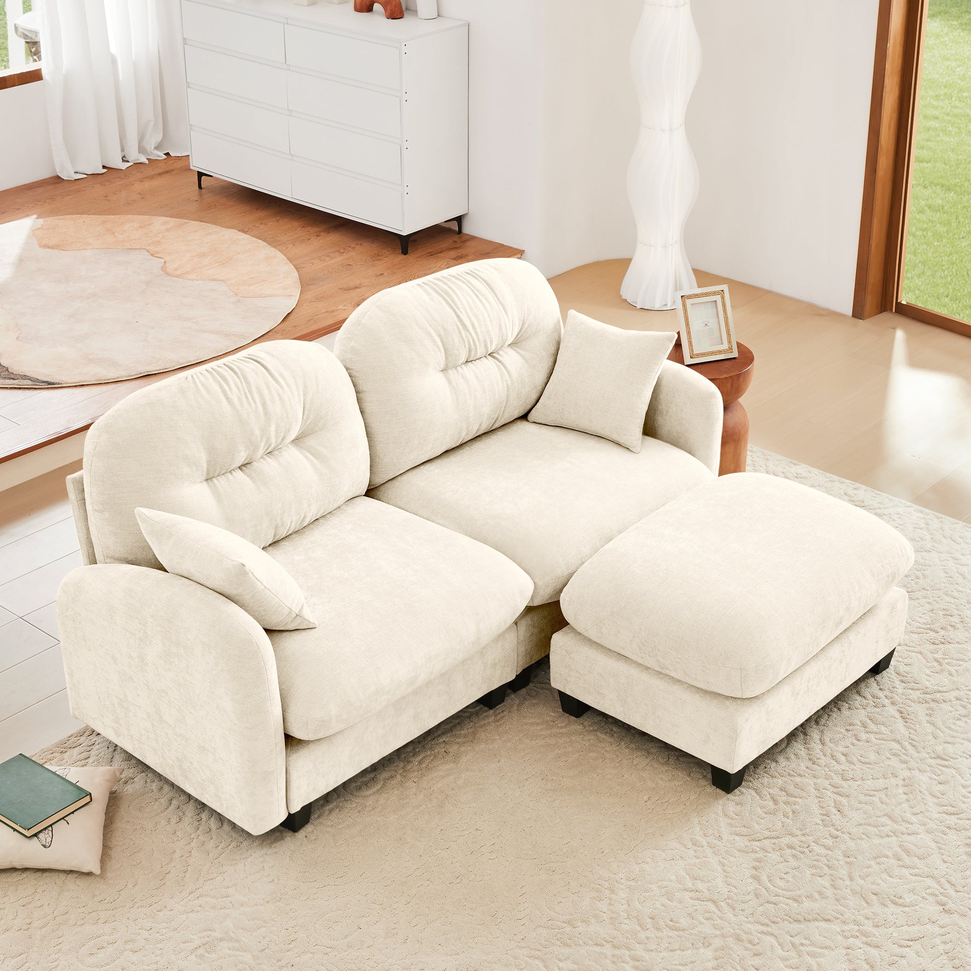 Beige Cloud Sectional L-Shaped Couch with Ottoman