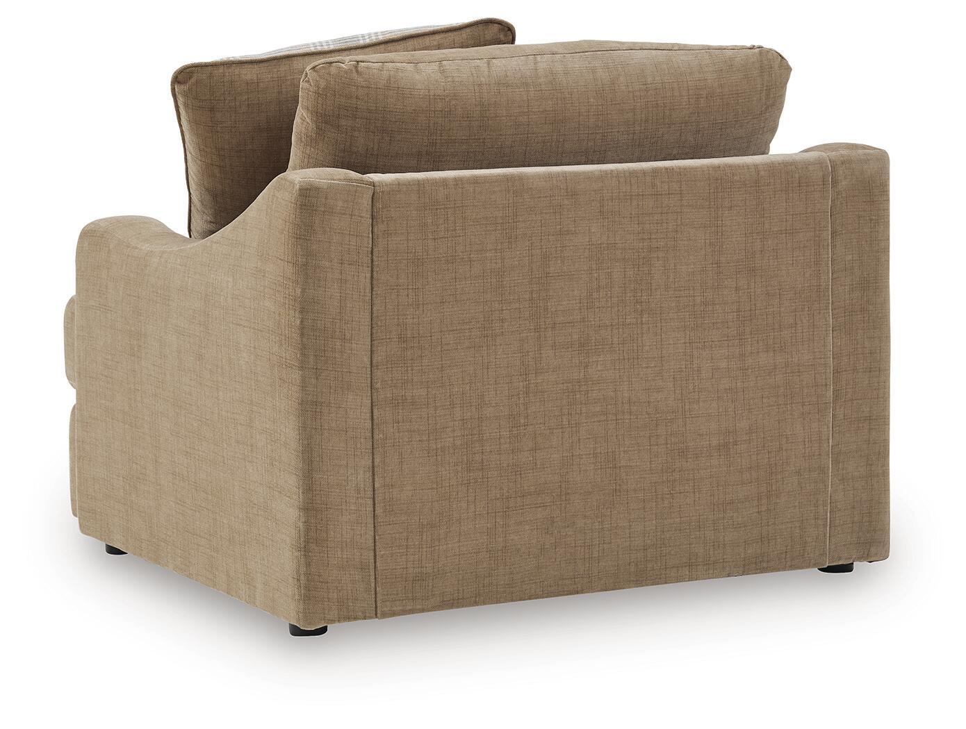 Chair and a half armchair in tan fabric upholstery with broad armrests