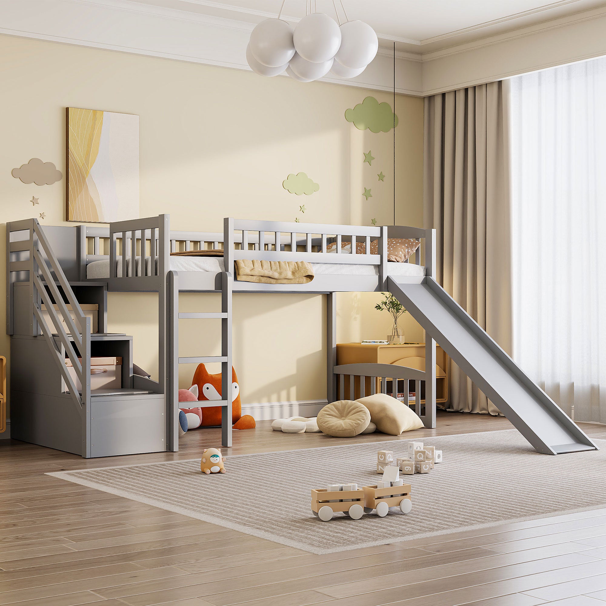 Twin Loft Bed with Stairs, Slide & Drawers - Gray