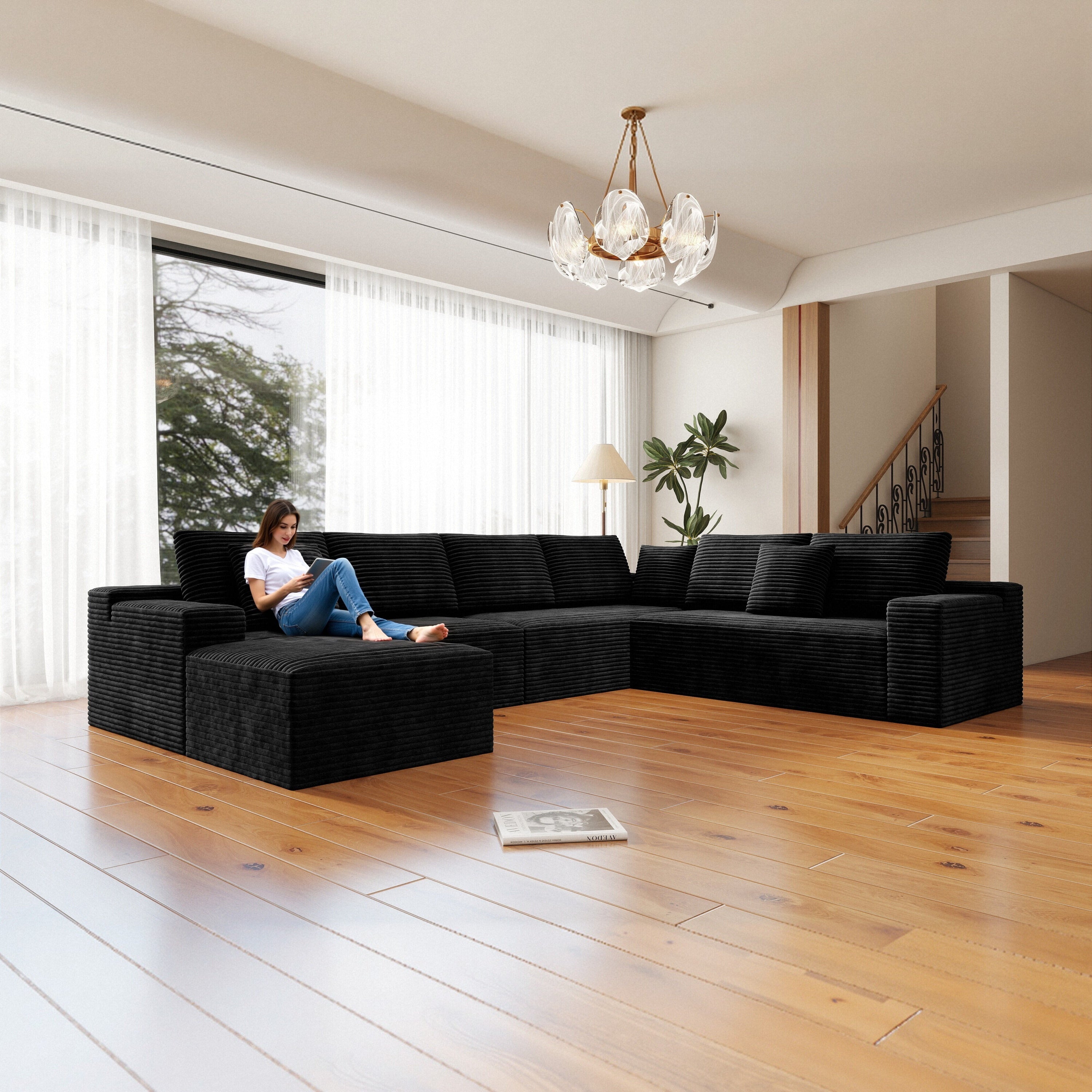 Black Corduroy Modular Sectional Sofa Couch - No Assembly
