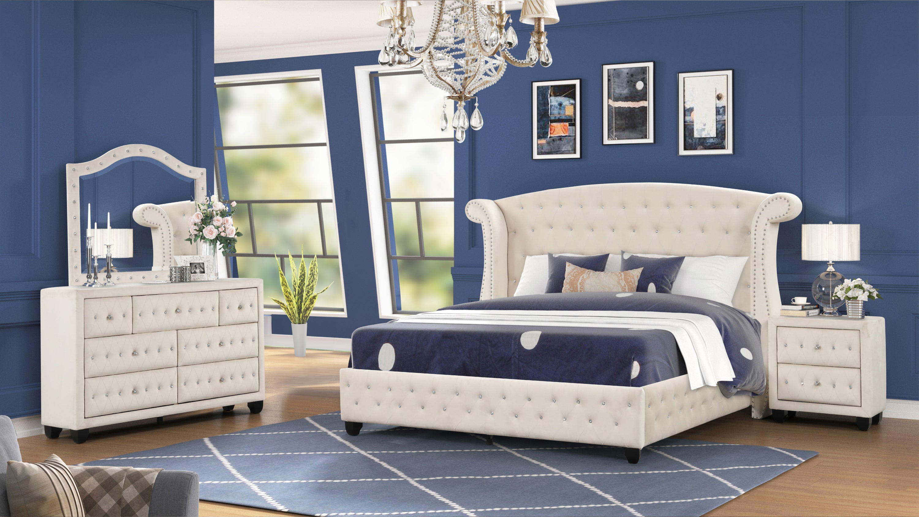 Queen 4 Pc Cream Wood Bedroom Set | NJ