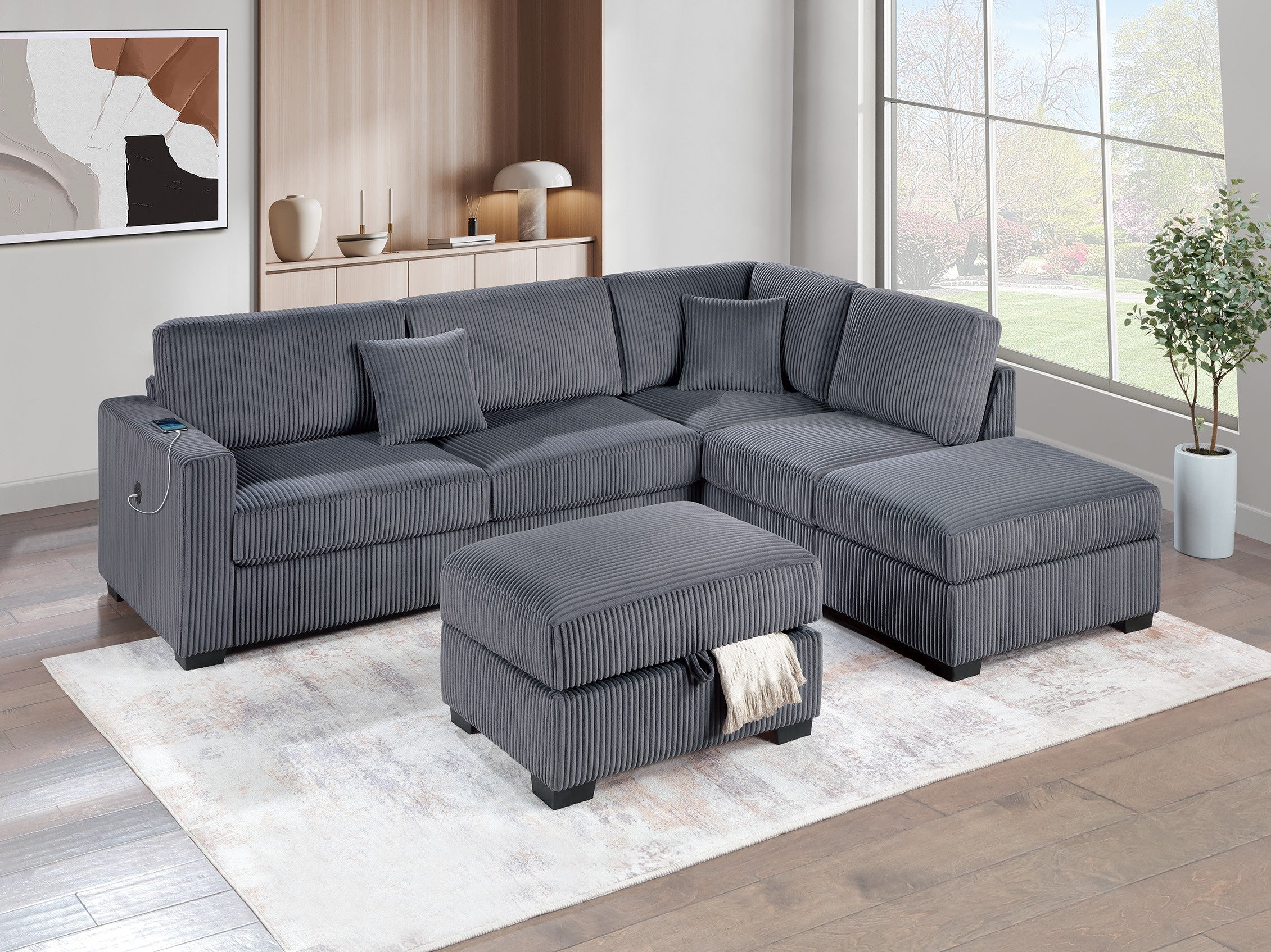 Dark Gray Corduroy Sectional w/ Reversible Chaise USB Ottoman