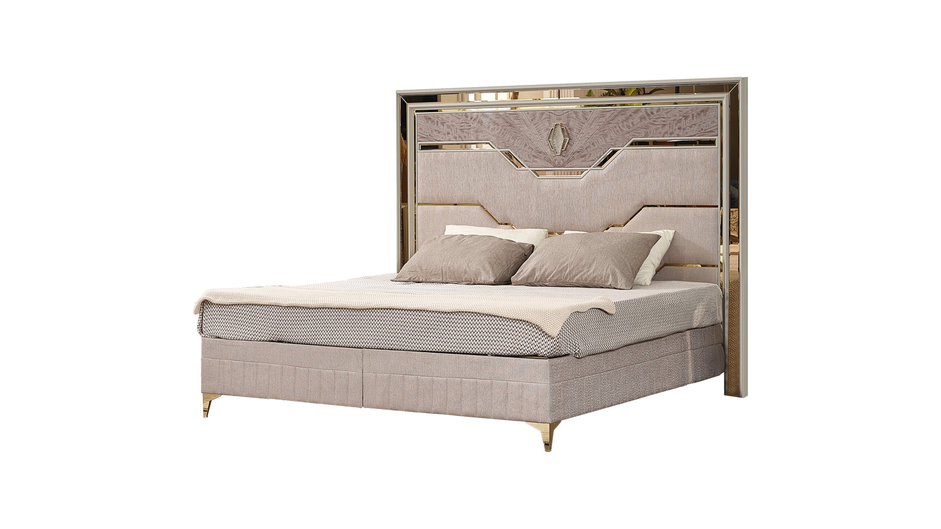 Omari Modern King Upholstered Bed | Wood, Gold Accents, Beige (NJ)
