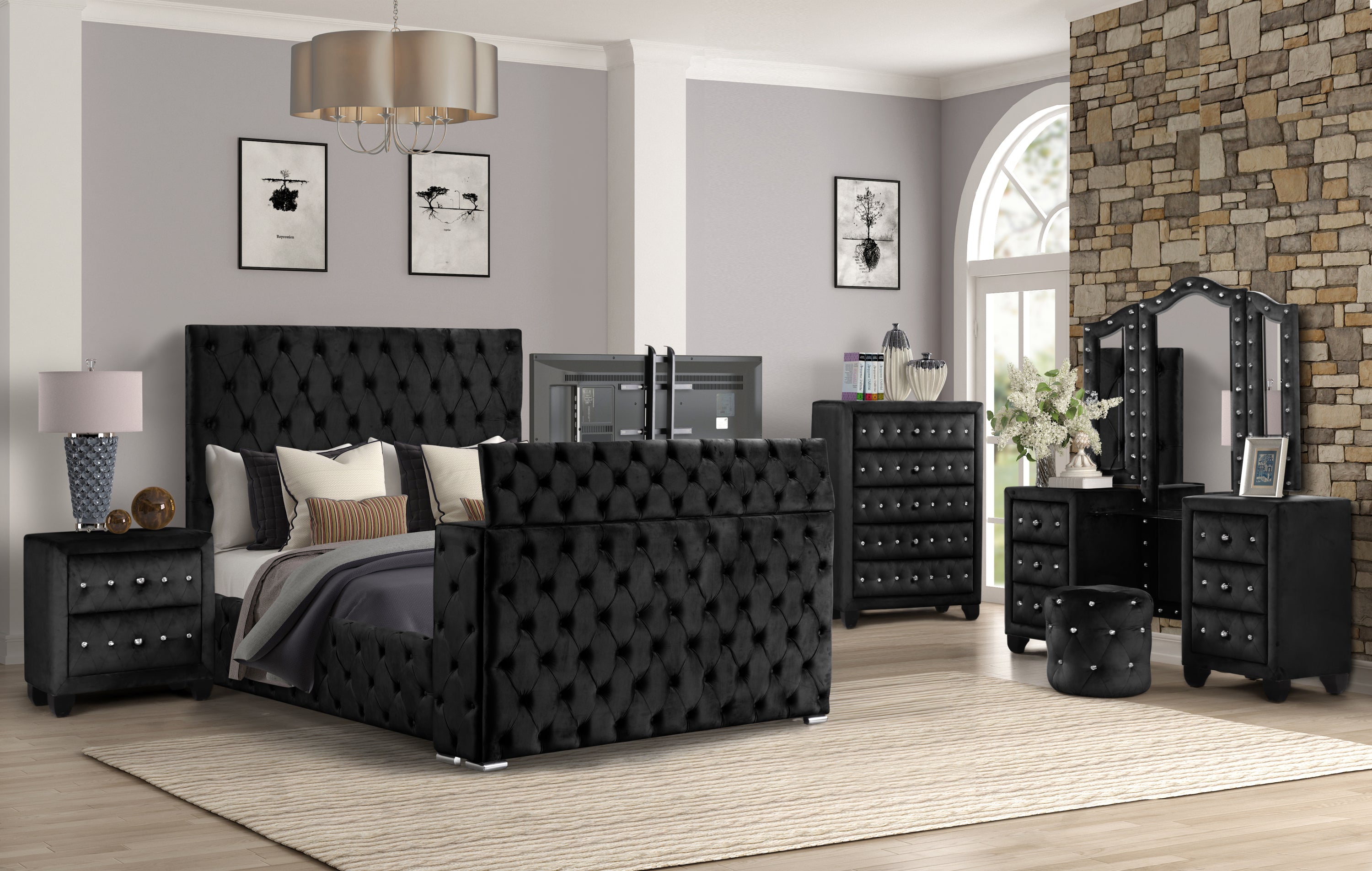 Encore Modern Tufted Upholstered Queen 5PC Vanity Bedroom Set Black