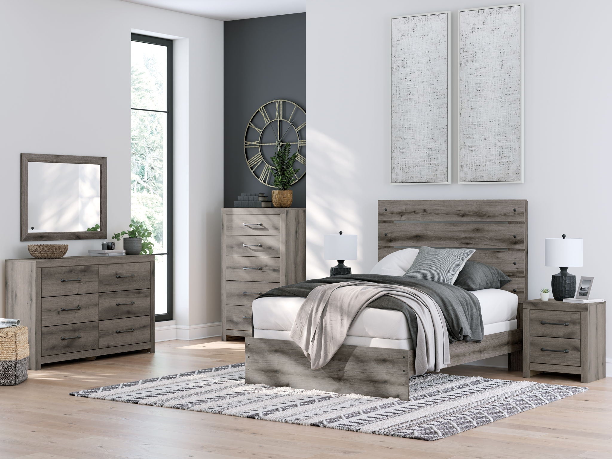 Brown rectangular bedroom mirror with wood-look frame