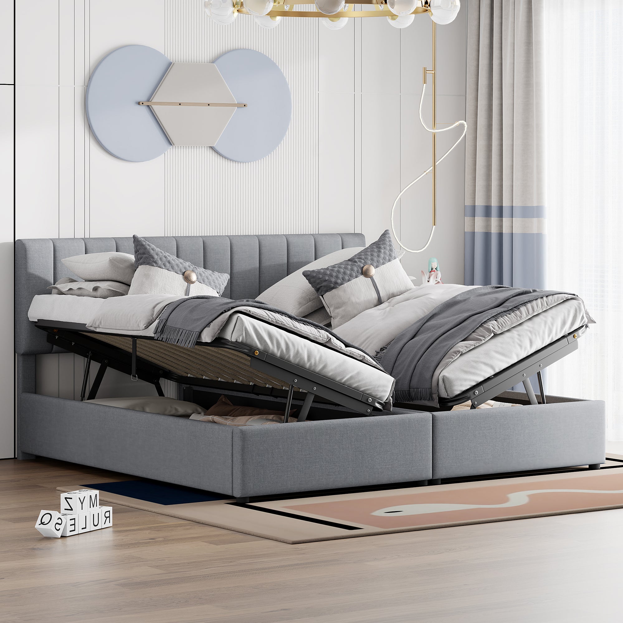 King Size Gray Upholstered Platform Bed with Hydraulic Storage