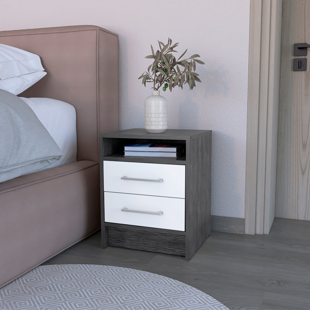 Cartiz Nightstand: Two Drawers, Smokey Oak & White Finish Storage