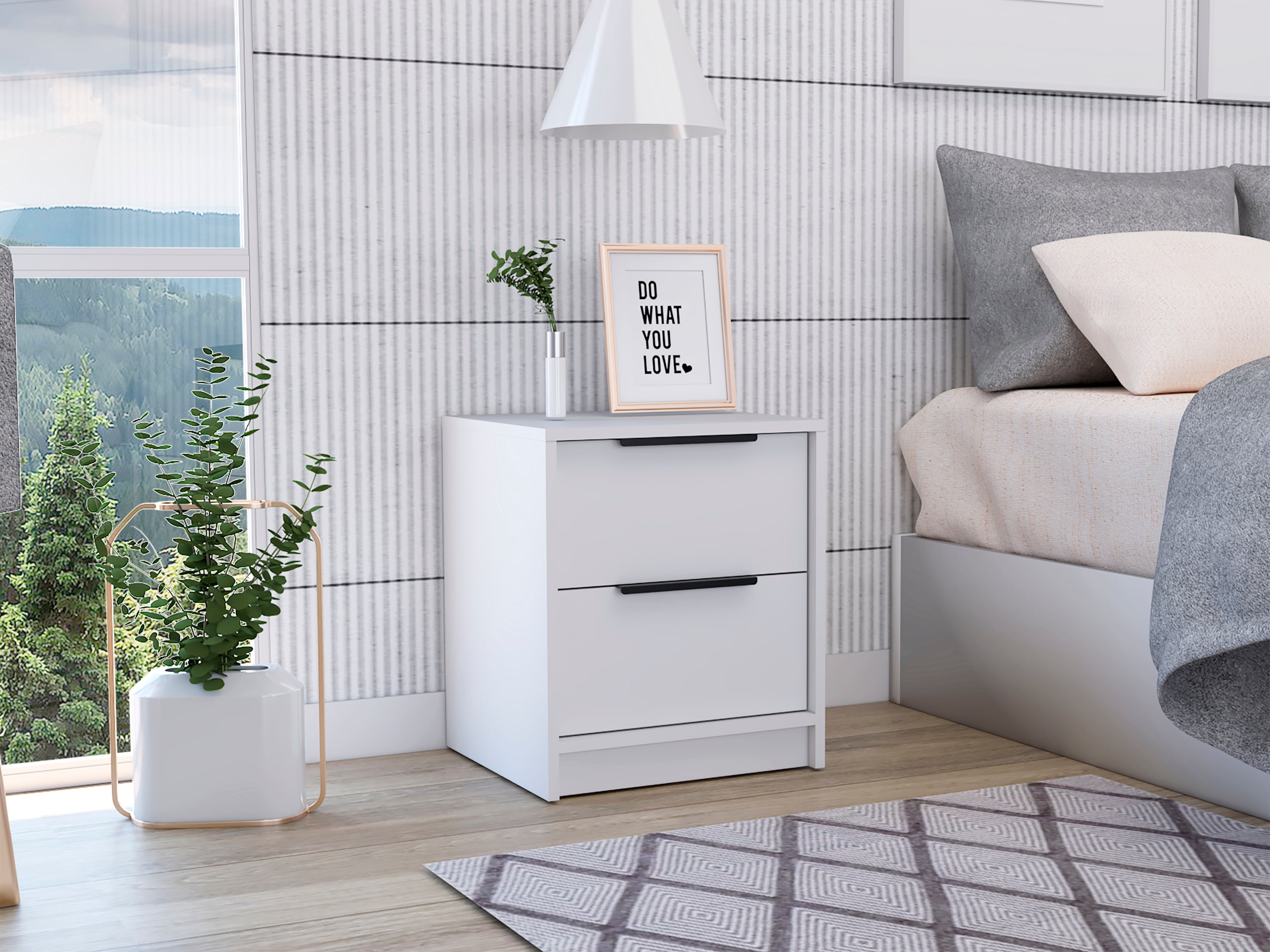 White Nightstand, 2 Drawers, Metal Handle