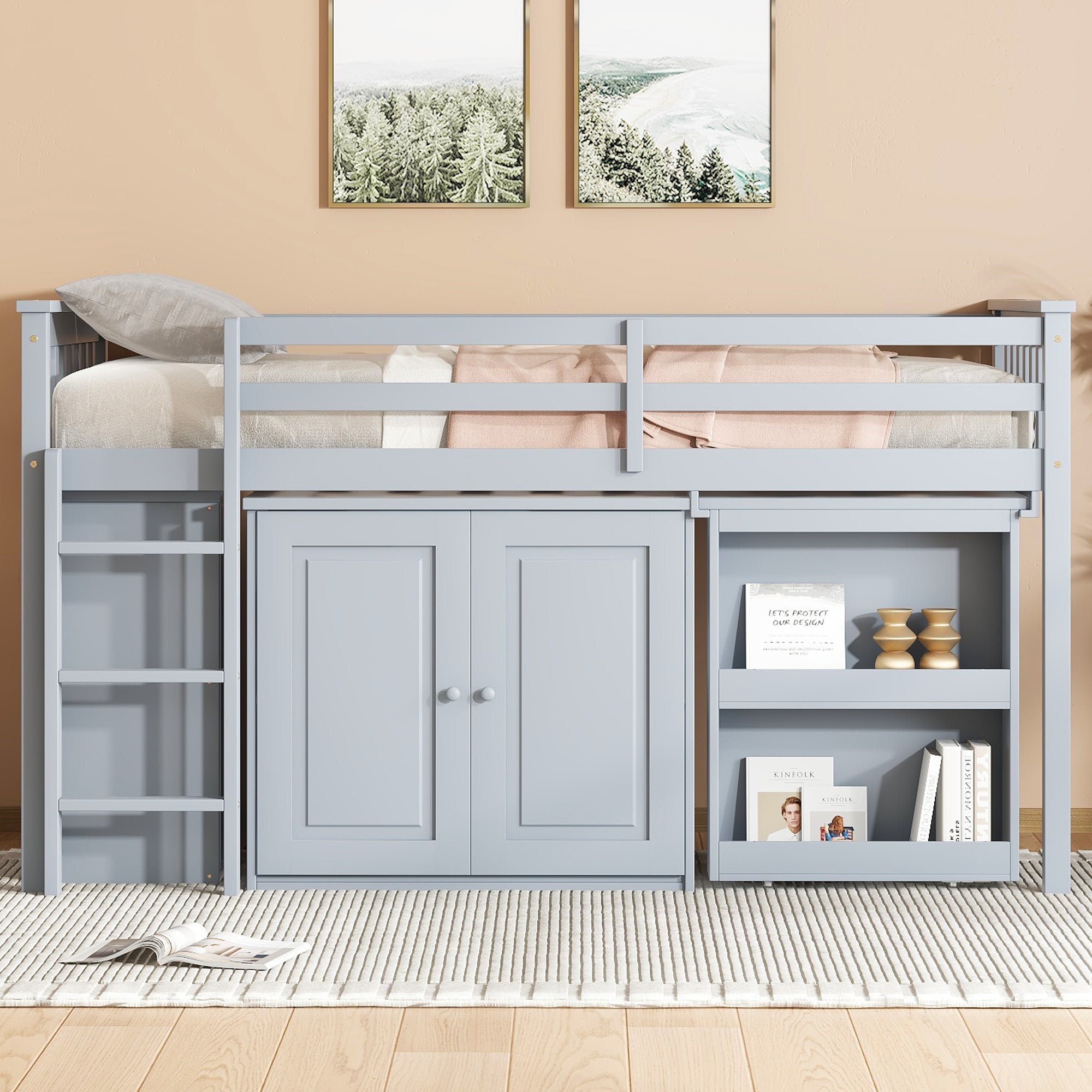 Twin Loft Bed w/ Storage, Desk, Guardrail & Ladder - Grey Wood