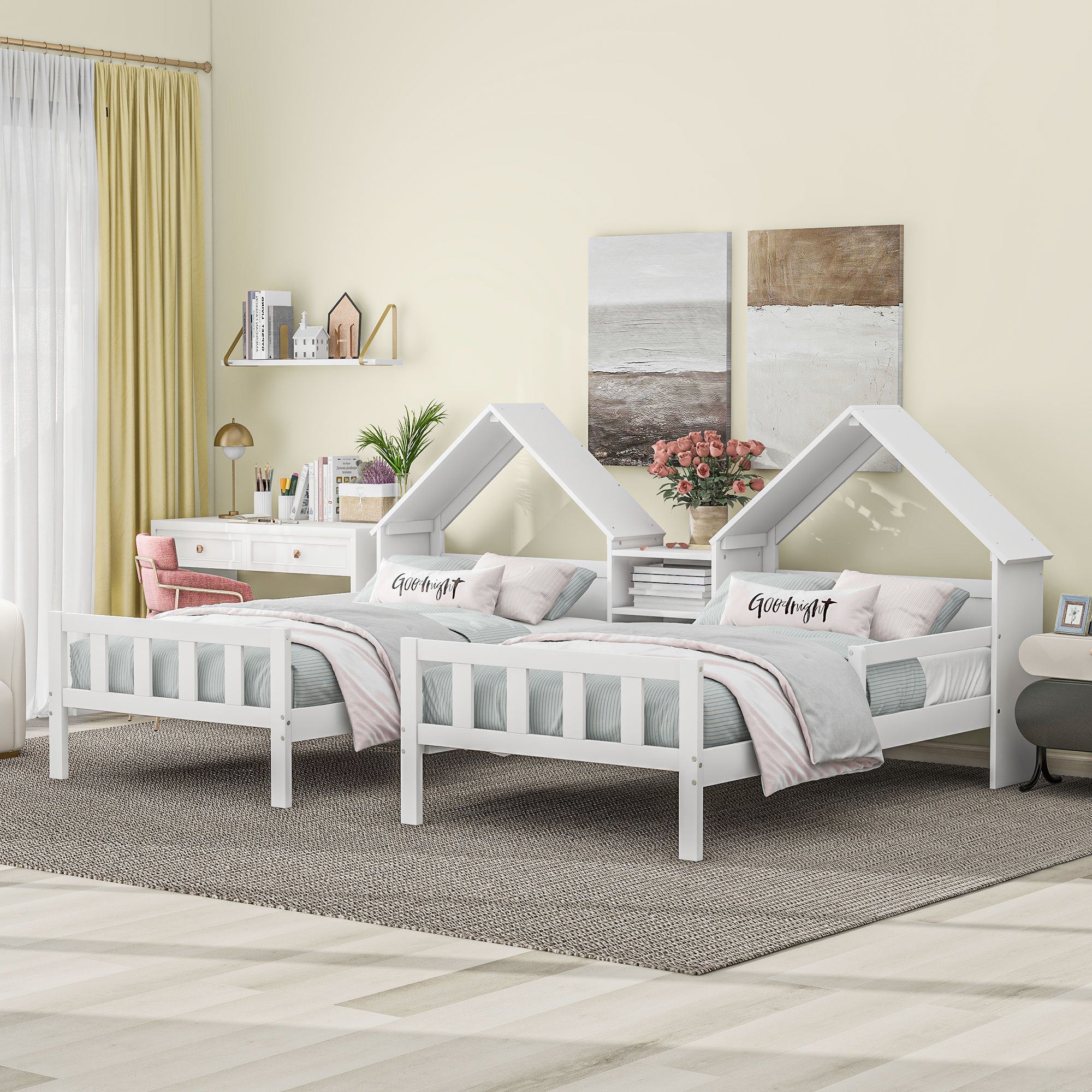 Double Twin White Platform Bed with House Headboard & Built-in Nightstand