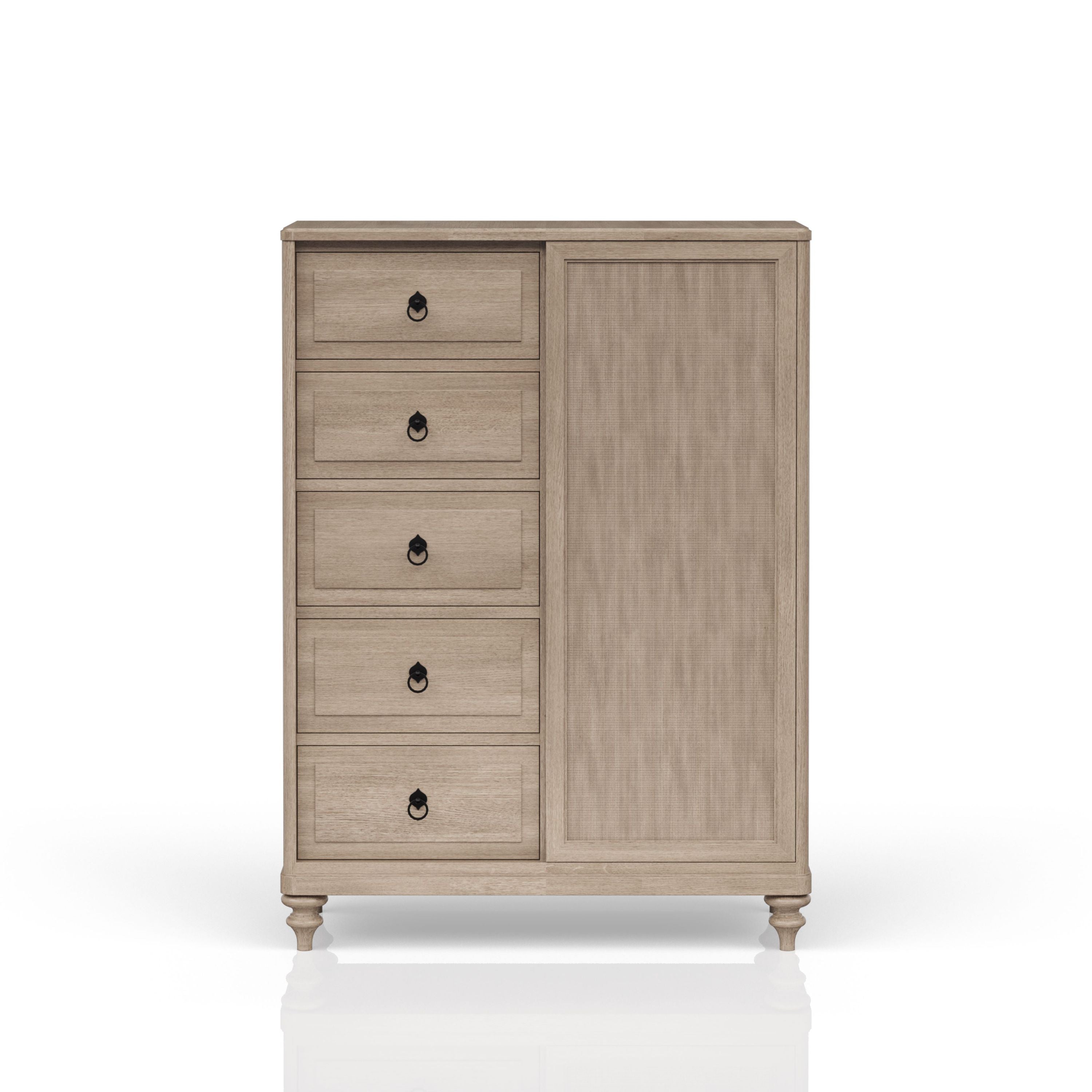 Sand Finish 5-Drawer Chest with Sliding Door & Hanging Storage