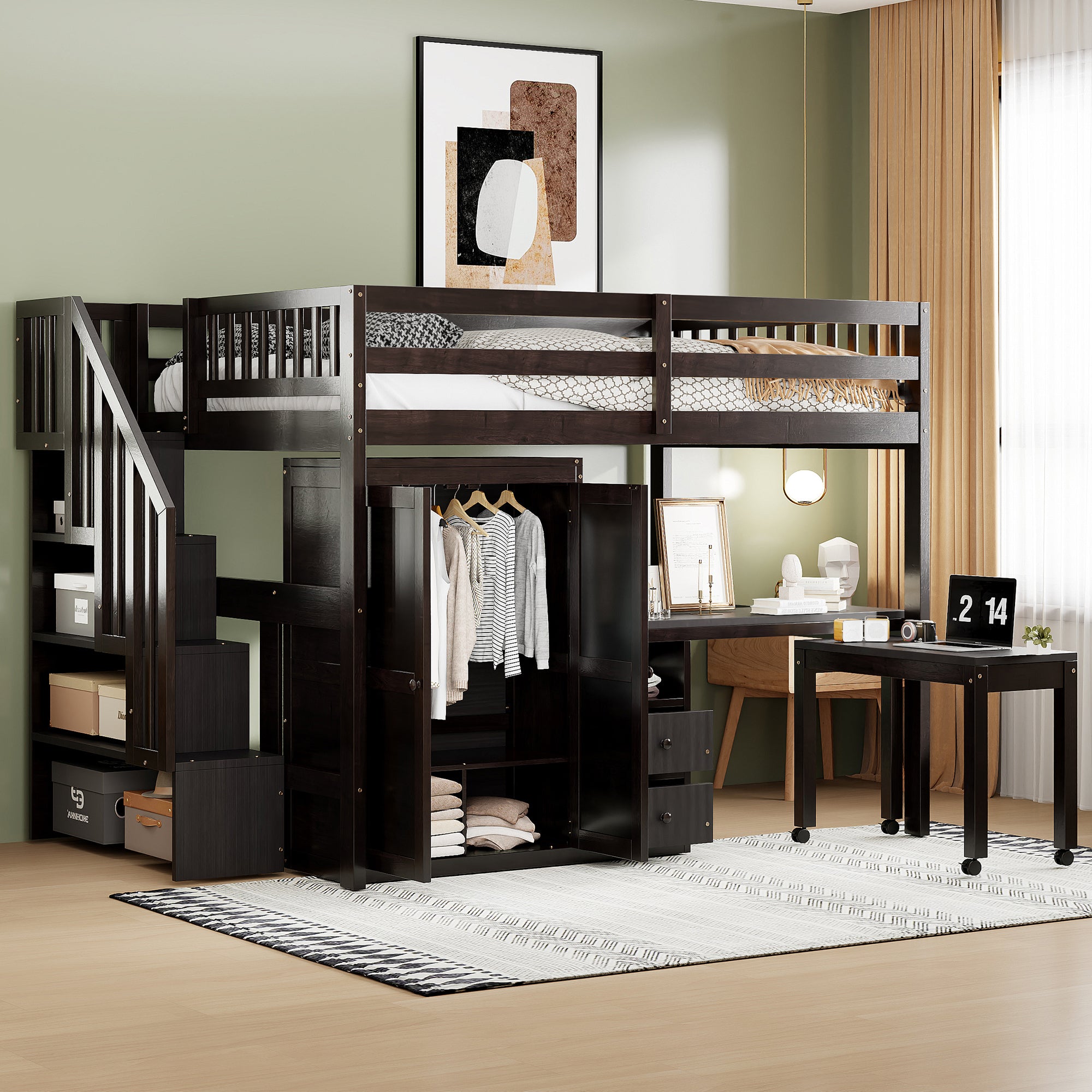 Full Size Loft Bed with Stairs, Desk, Storage & Wardrobe - Espresso