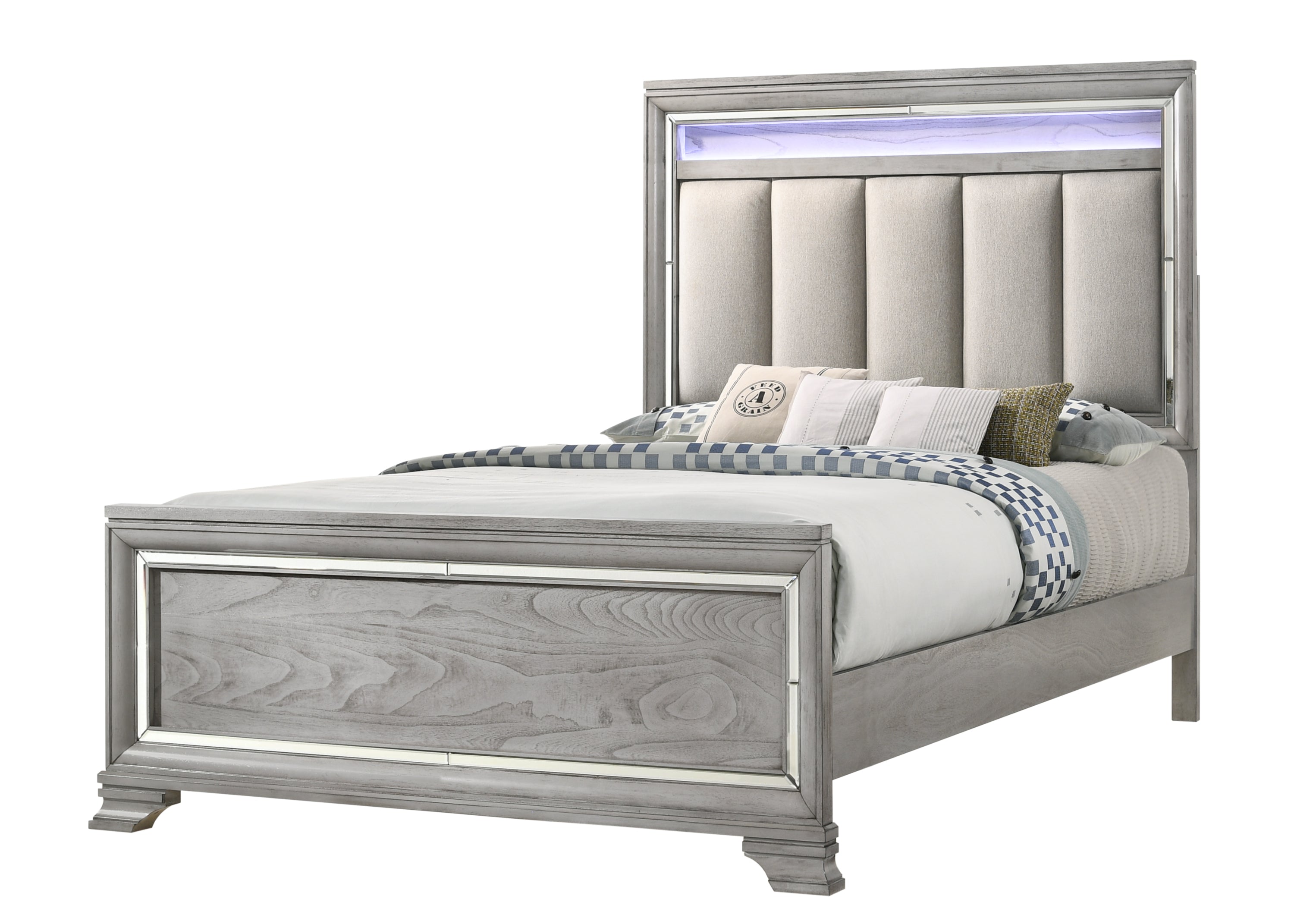 Queen Panel Bed, Integrated LED, Tufted Headboard, Soft Gray Wood Grain