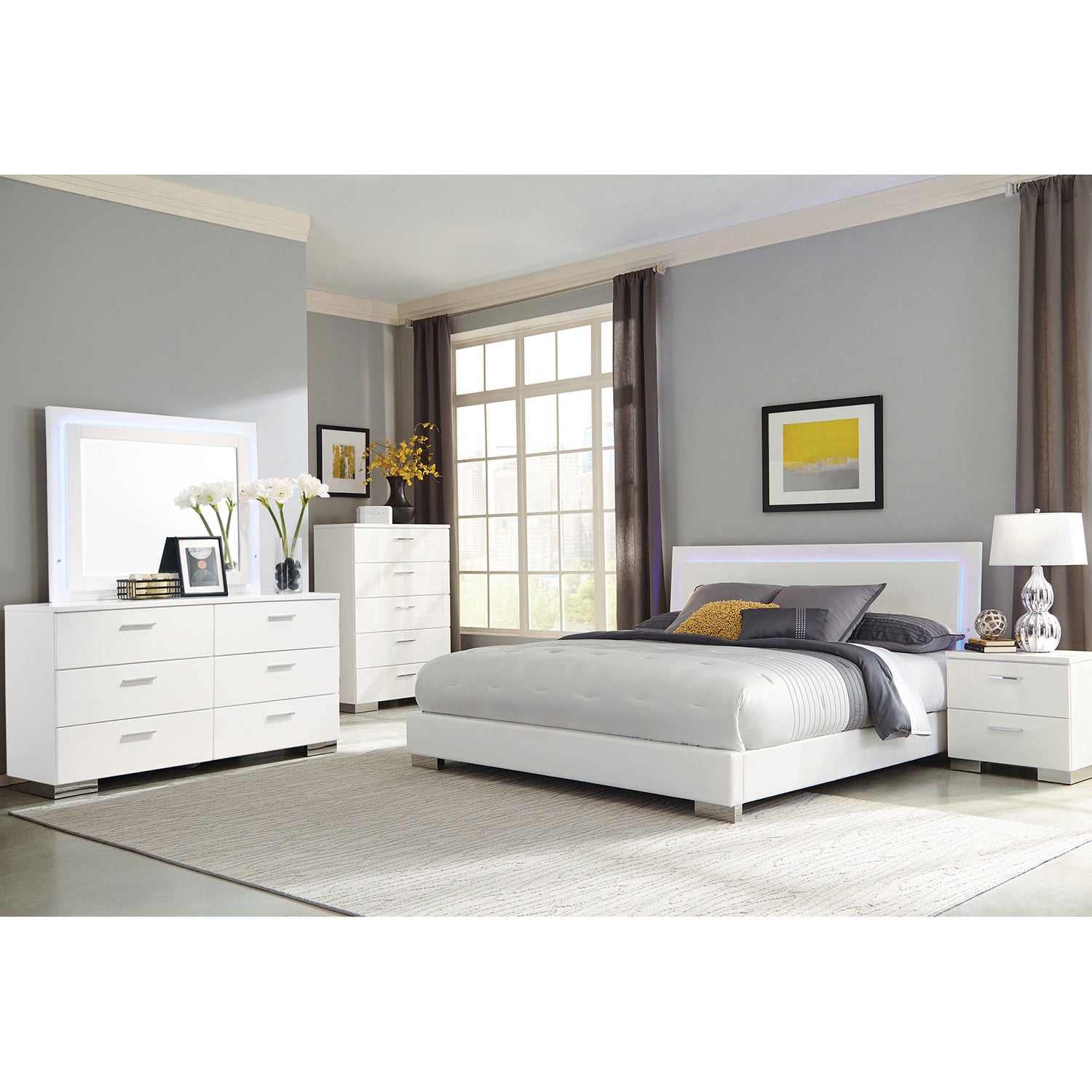 Dulcey White High Gloss Eastern King 5-Pc Bedroom Set